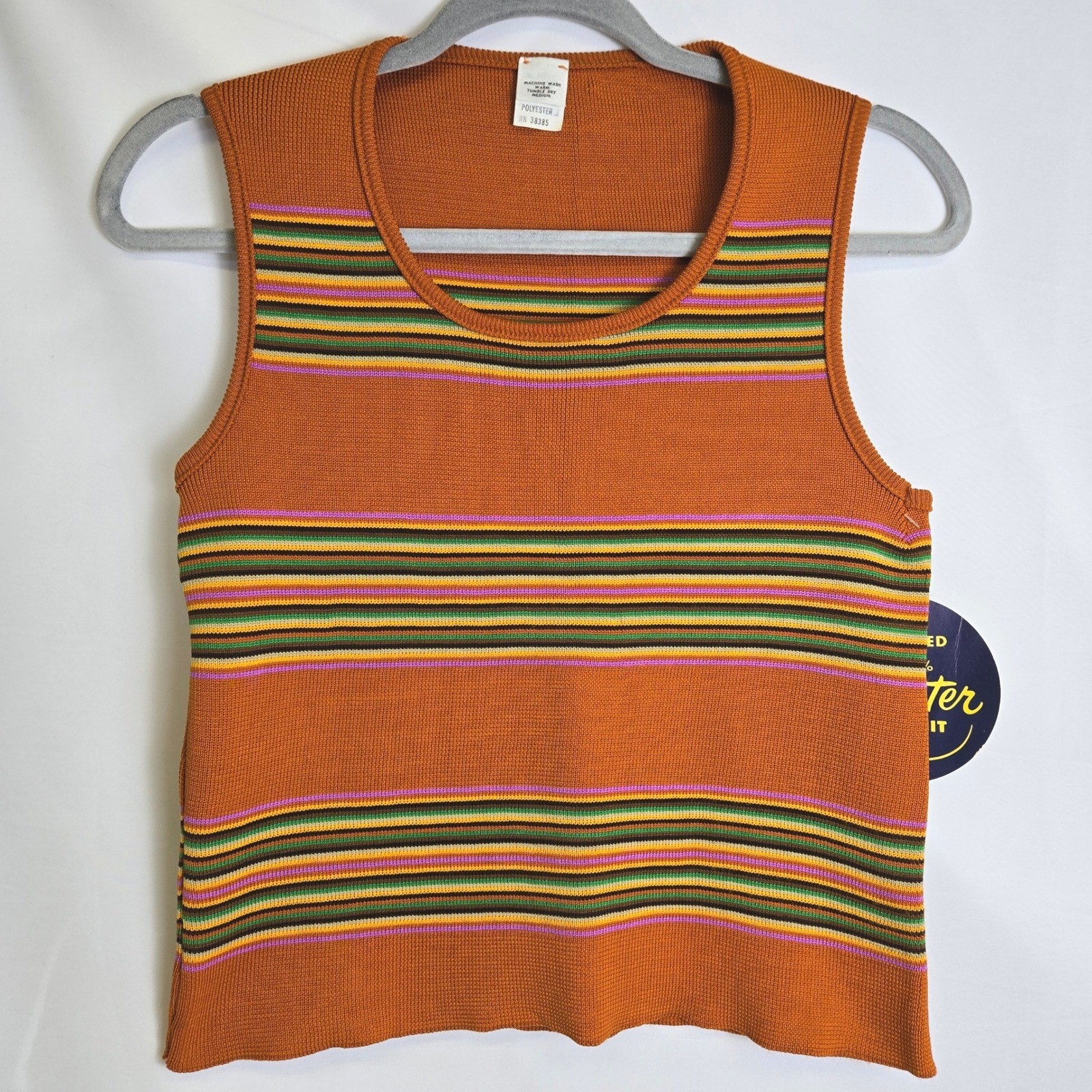 Vintage 70s 80s Striped Polyester Knit Tank Top Orange Multicolor One Size New