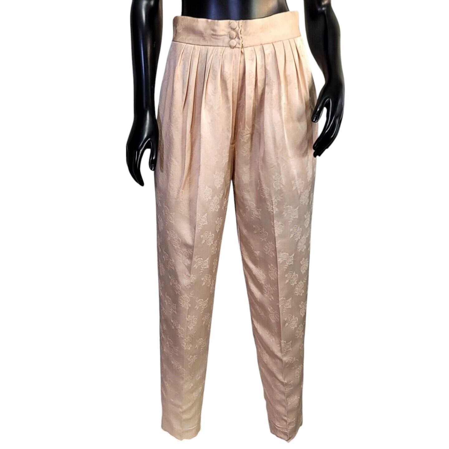 Vintage 80s 90s Blush Satin Brocade Pants High Waist Pleated Tapered Trousers
