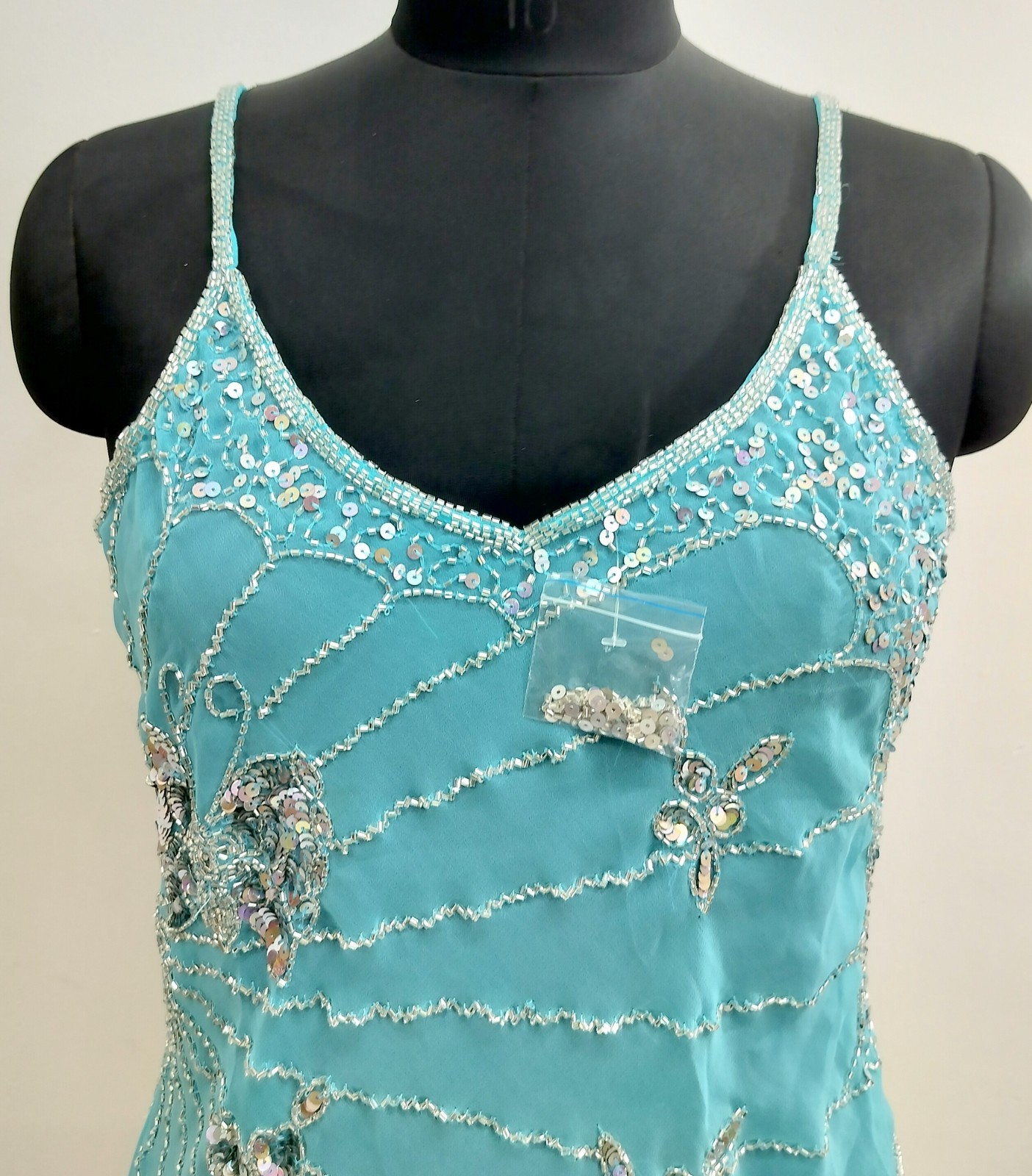 Vintage Y2K Embroidery Costume Sequin Top Blouse Sheer Turquoise Silver Tunic