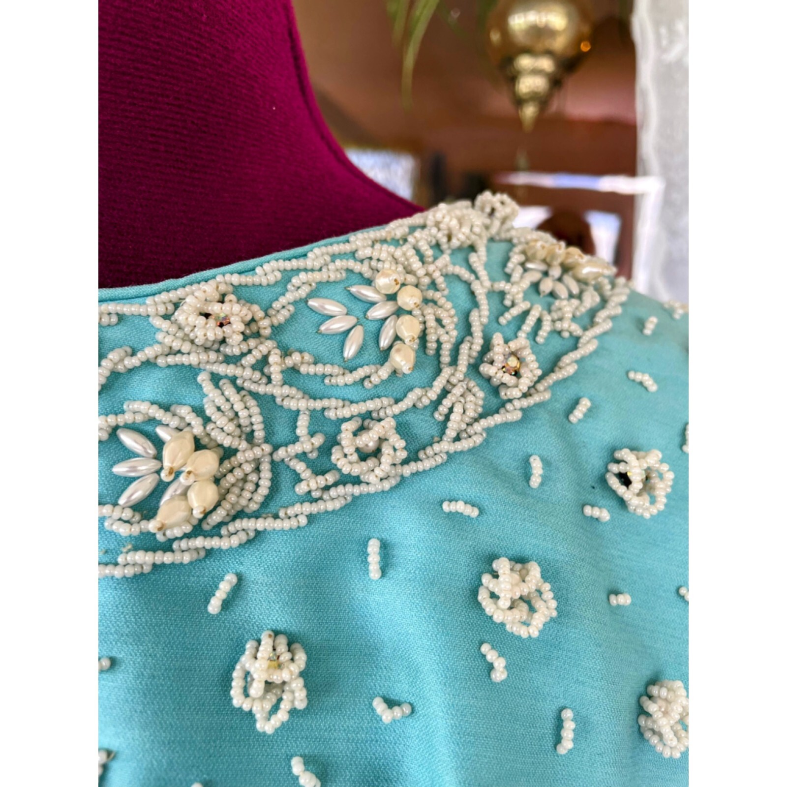 Vintage 1960s Blue Heavy Beaded Silk/wool Blend Midi Dress