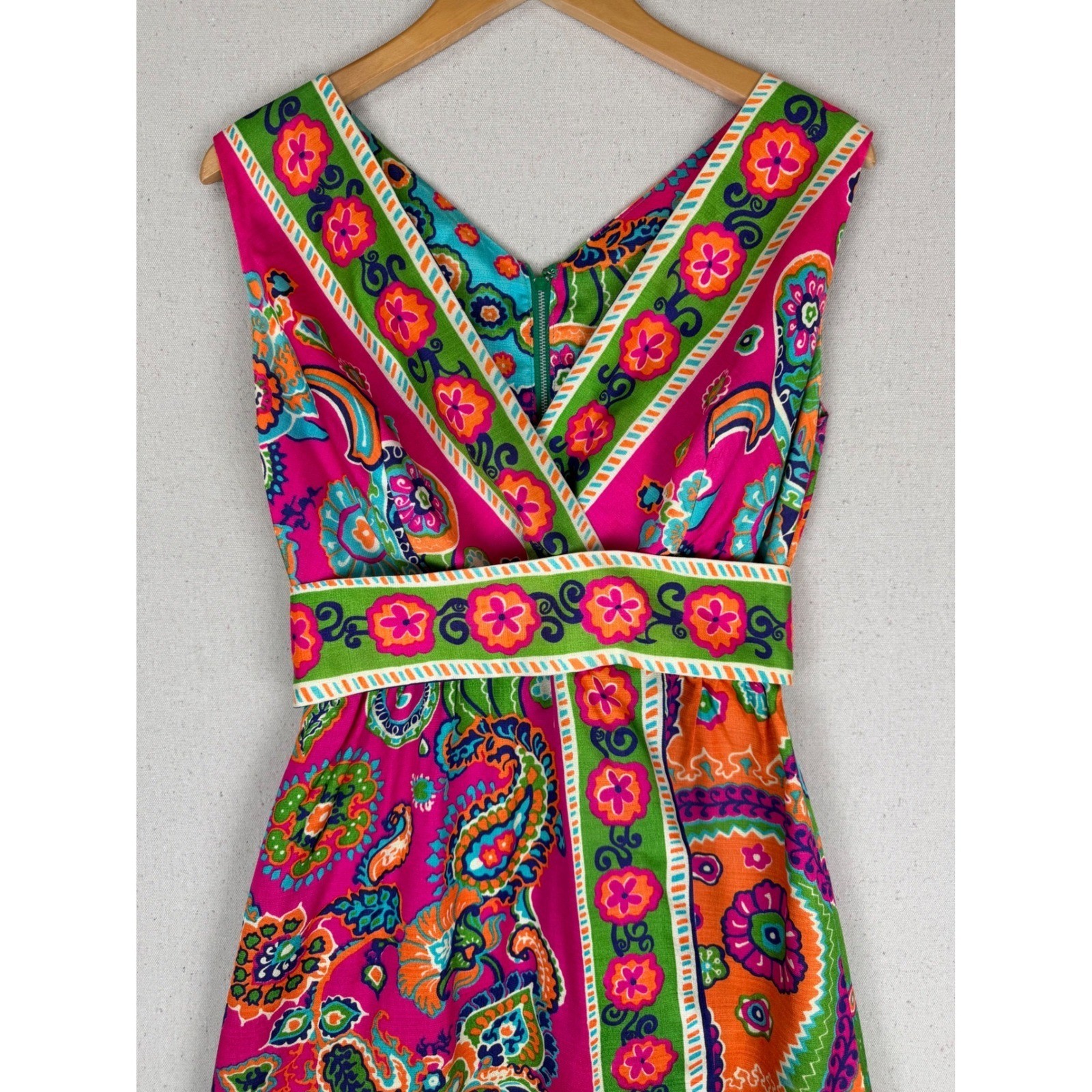 VTG Psychedelic Paisley Floral Maxi Dress Pink Orange Green Garden Party Boho