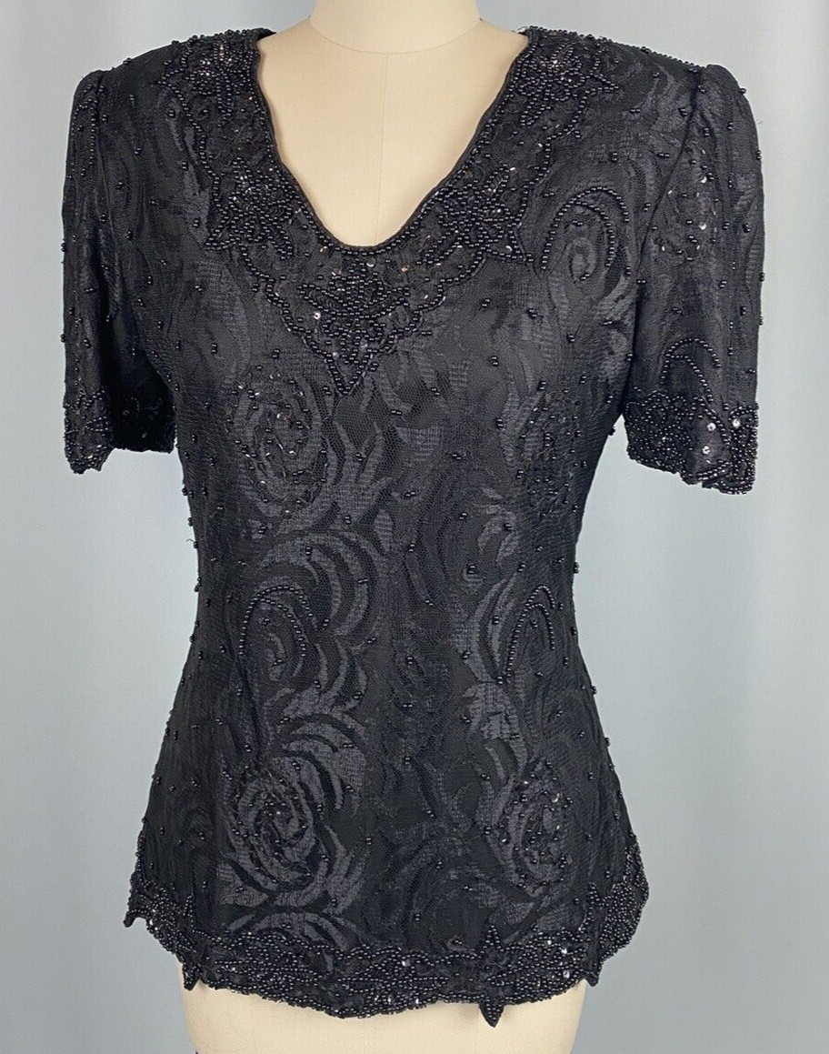 Vintage Beaded Top SIZE SMALL Rayon 80s 90S Shoulder Pad classic princess lace
