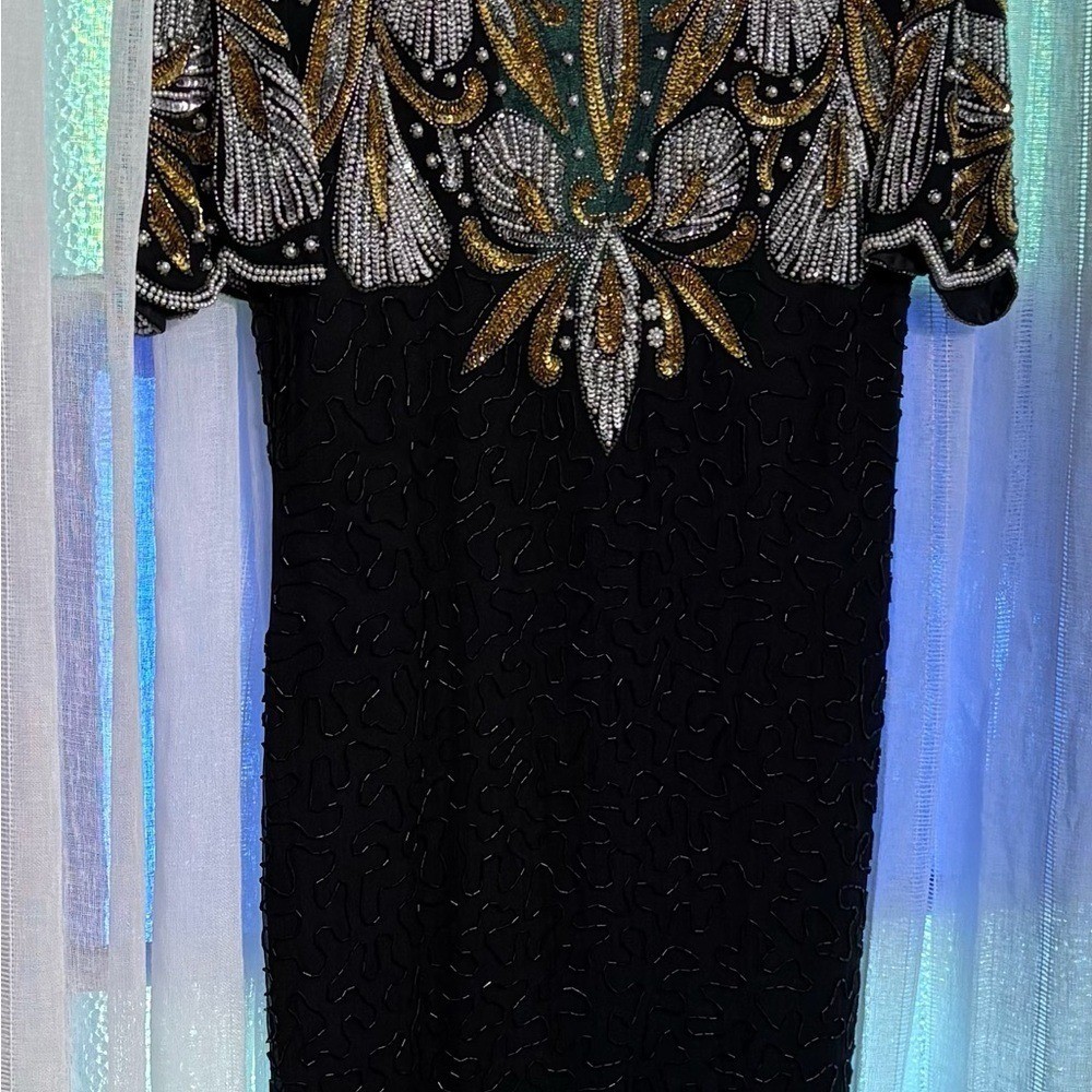 Vtg long PM Laurence Kazar Black Dress with Gold, Silver, and Pearls Party