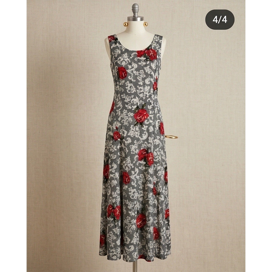 Expressions 14 Vintage Maxi Dress Red Rose Lace Print Sleeveless Rayon Y2K