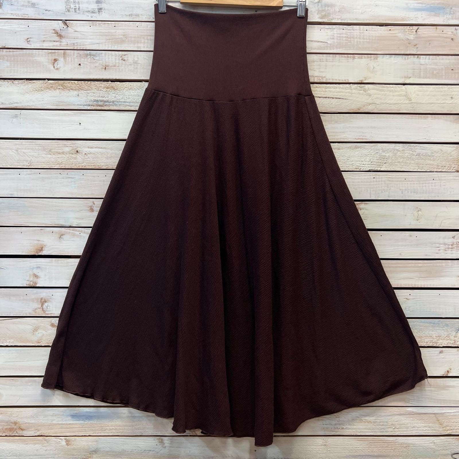 Vintage Brown Rayon Blend Knit Midi Skirt High Waist Flared Boho 90s XL