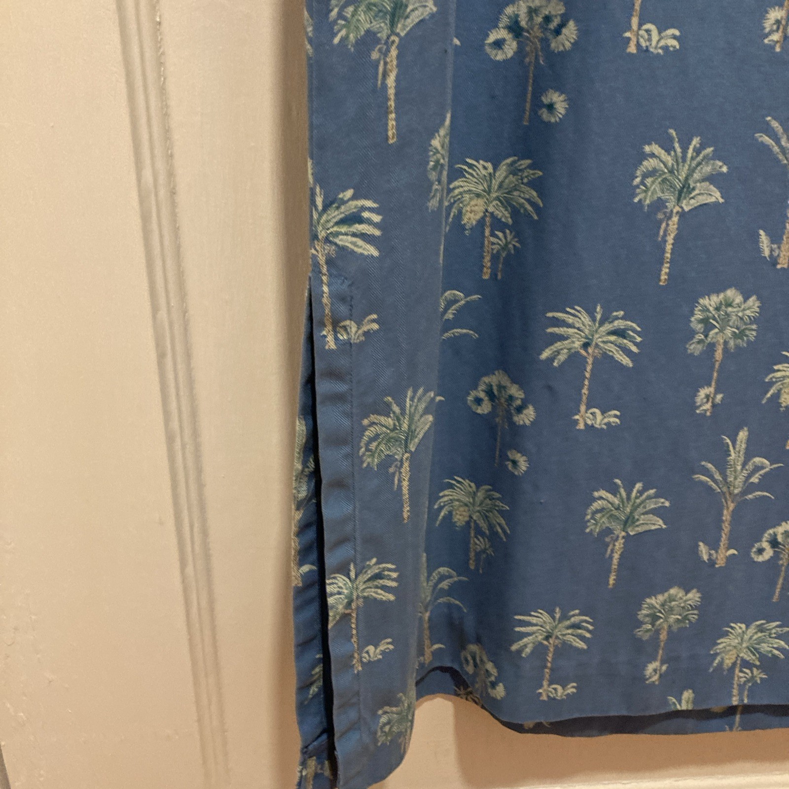 Rum Runner Hawaiian Silk Maxi Tiki Dress M-L Blue Green Tropic Palm Tree Vintage