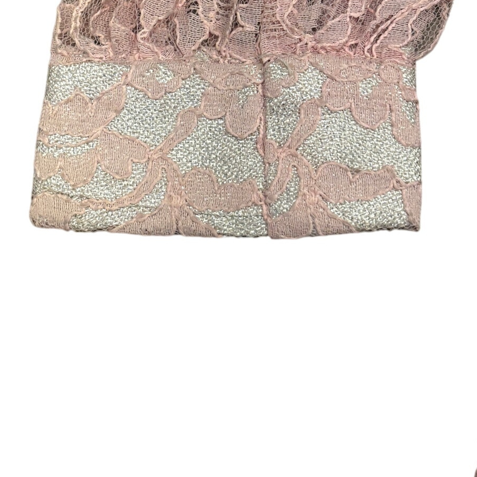 Vtg 60s Pink Metallic Lace Mini Dress S/M High Neck Mod Party Go-Go Sheer Sleeve