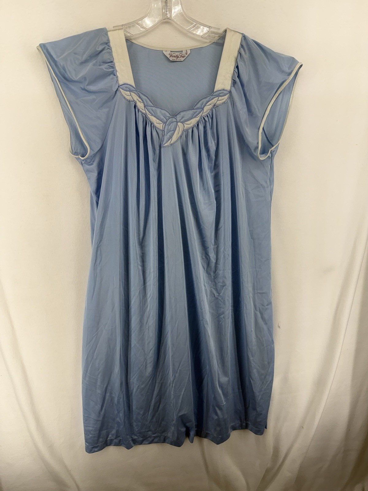 Vintage Vanity Fair Nightgown M Blue White Trim Made USA Long Gown 70s 80s