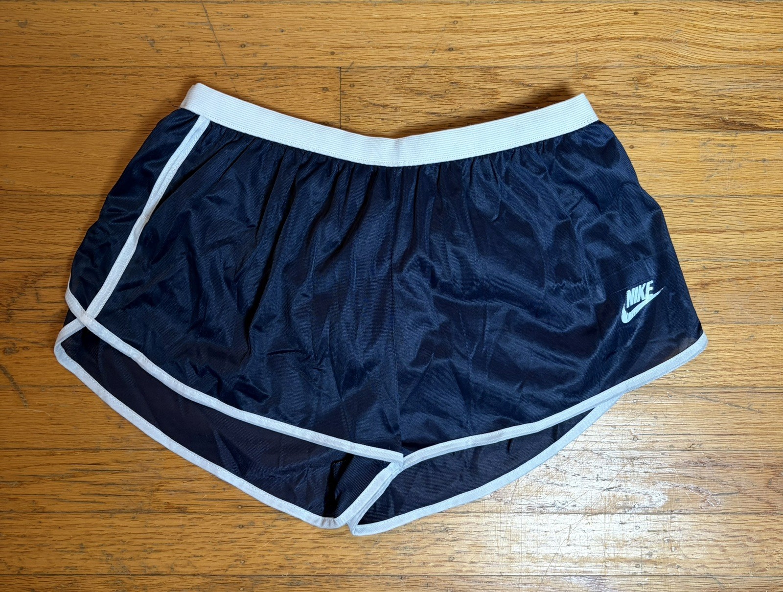 Vintage Nike Running Shorts Womens Size L USA Made Navy Blue Sheer