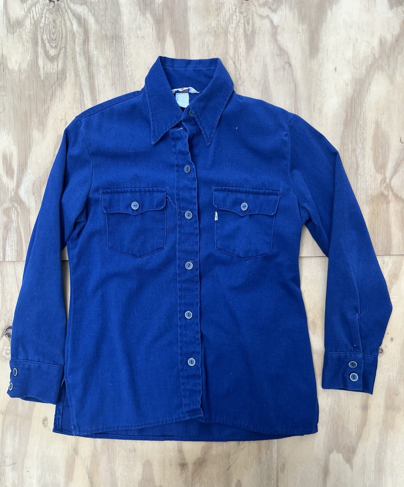 Vintage 70s Levis Big E Tab Work Shirt Blue Long Sleeve Pocket Women’s Small