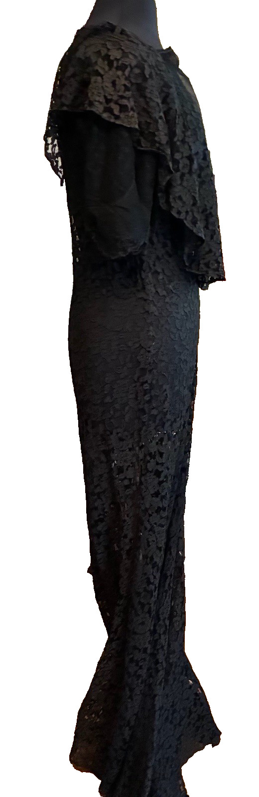 1920’S/30’S Black Art Deco Bias Cut Flutter Capelet Lace Evening Dress Small ￼
