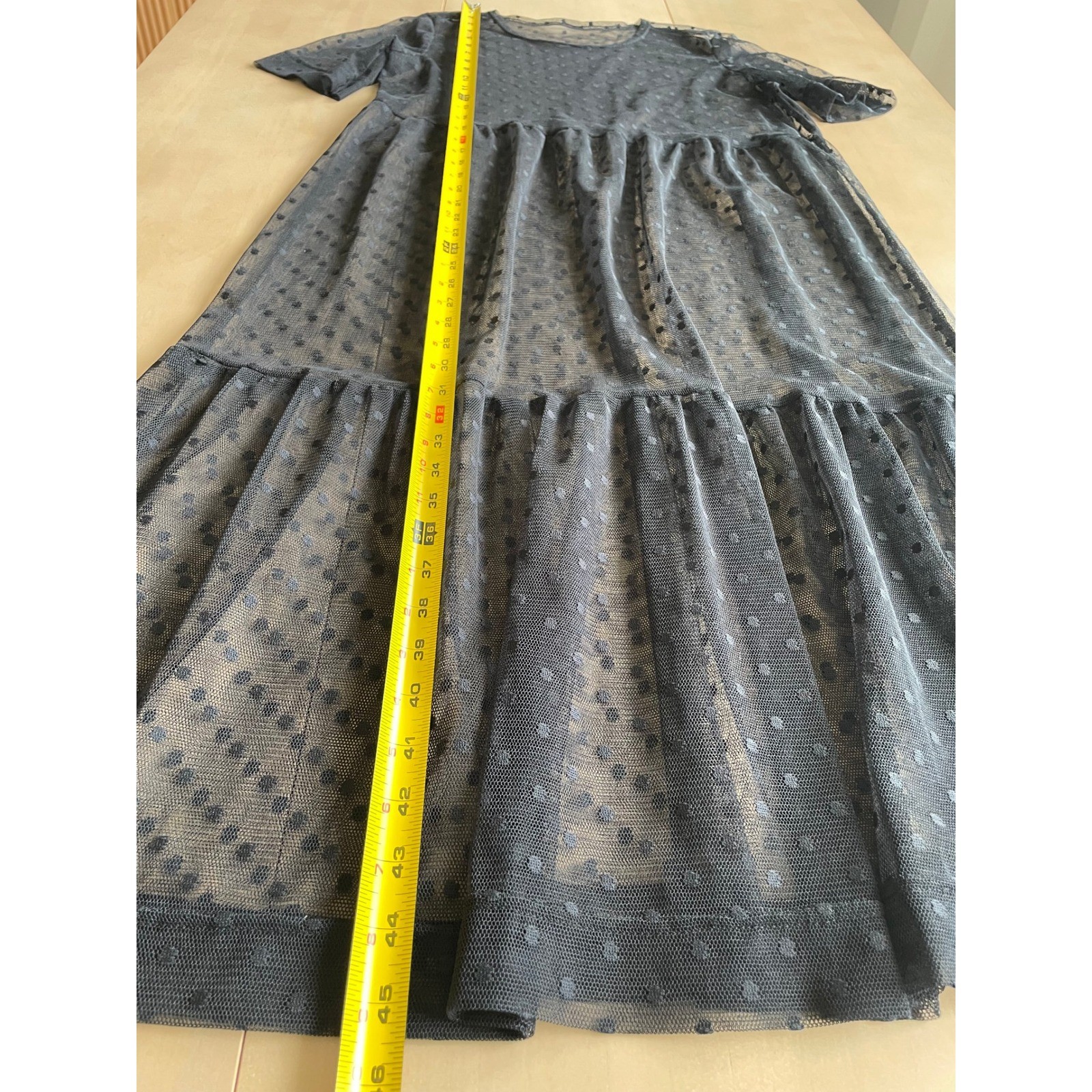 Black Swiss Dot Sheer Mesh Midi Dress Tiered Overlay Boho WhimsiGoth