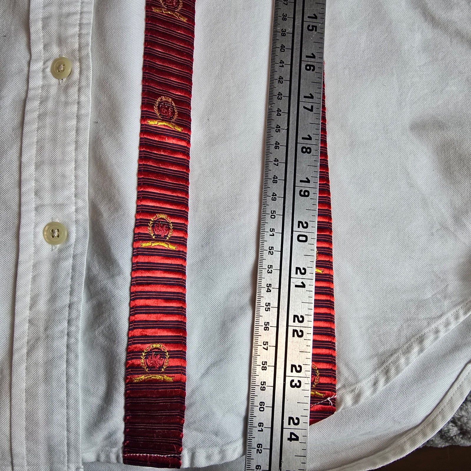 Vintage Tommy Hilfiger Striped Button Up Shirt White Red Ribbon Crest Size 4