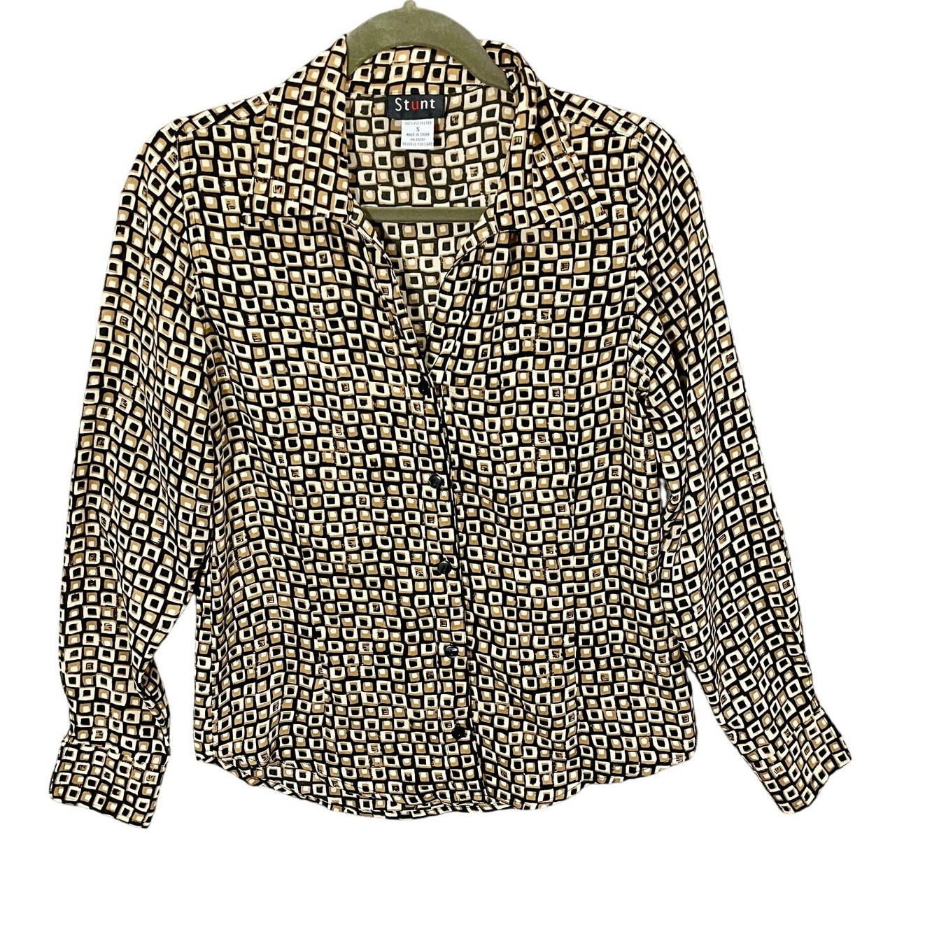 Vintage 90s Y2K Button down Collared LS Top Geometric Print Women’s Size Small