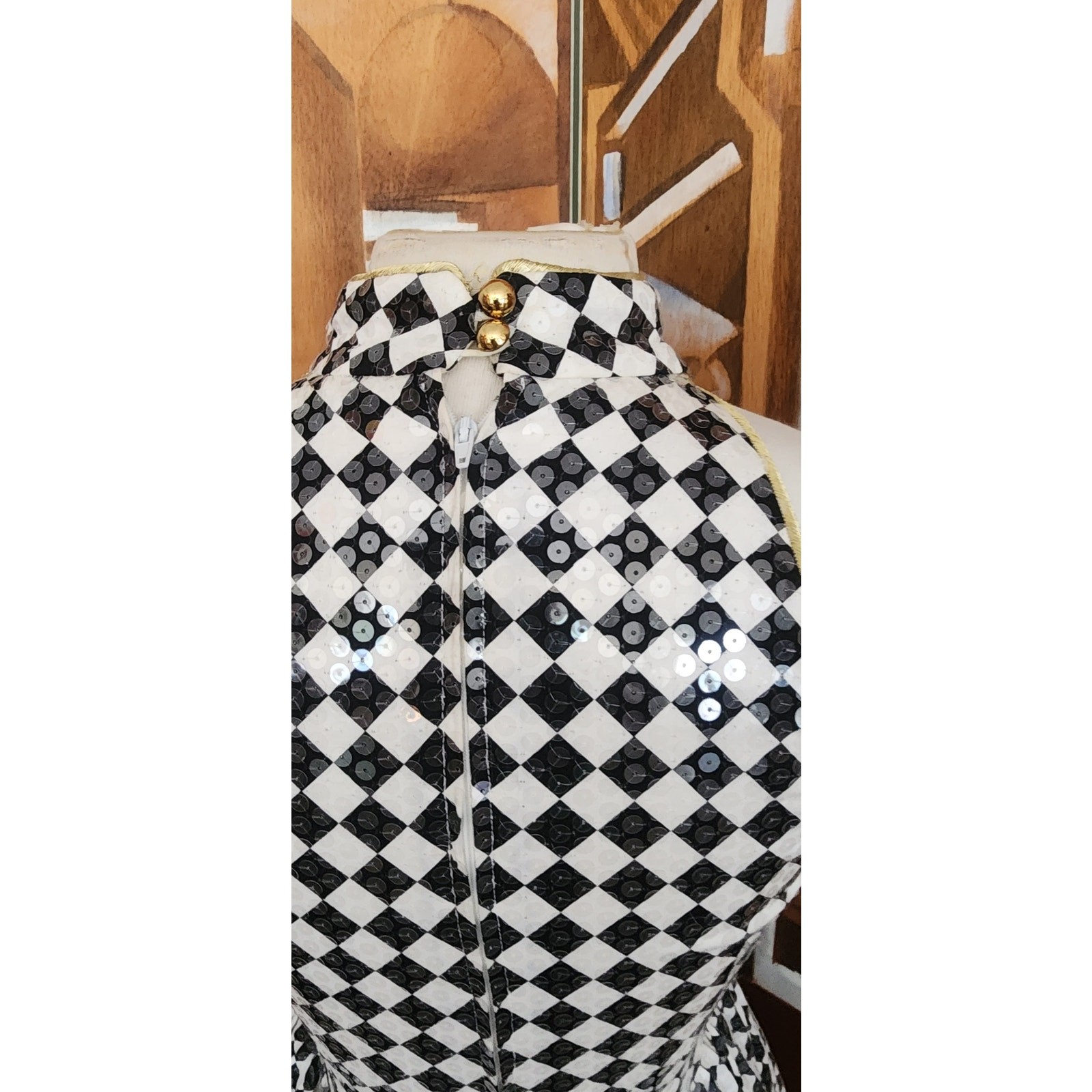 VTG 80s Morton Myles Dress Mod Black White Checkerboard Sequins Sleeveless S