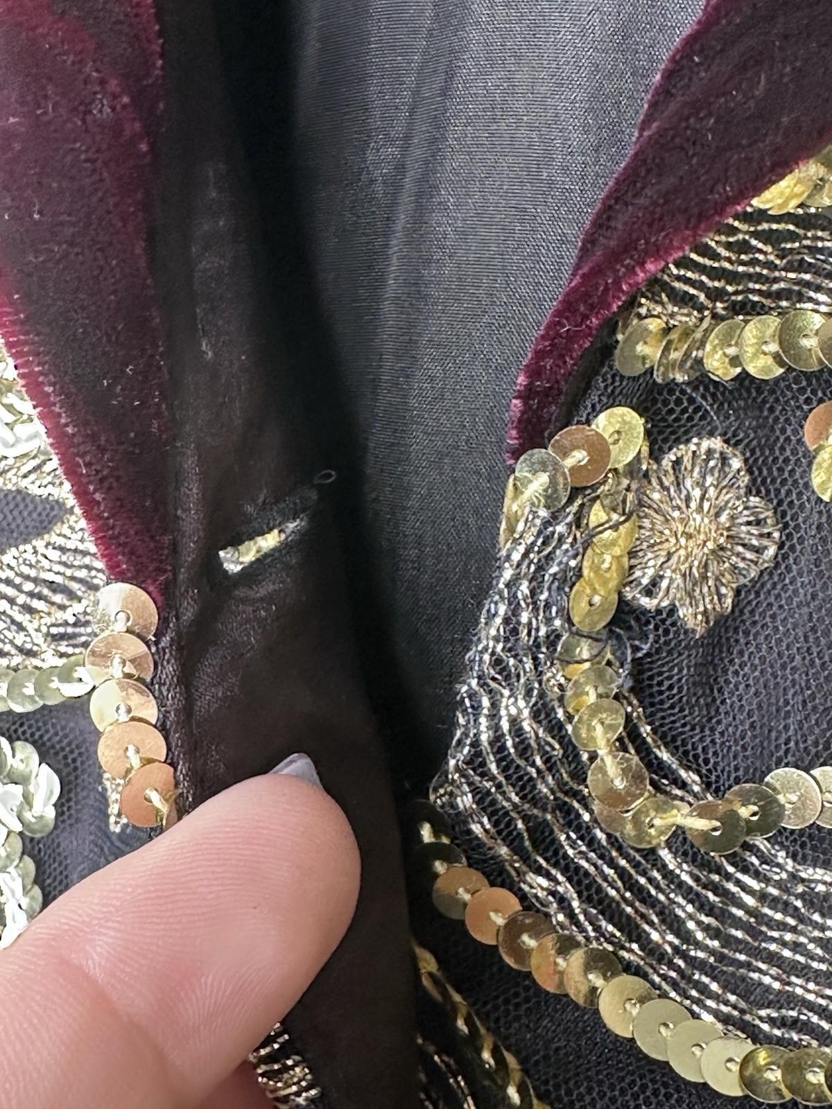 Jessica McClintock GOLD Metallic Sequin Velvet Bow Blazer Large 80’s Burgundy 3