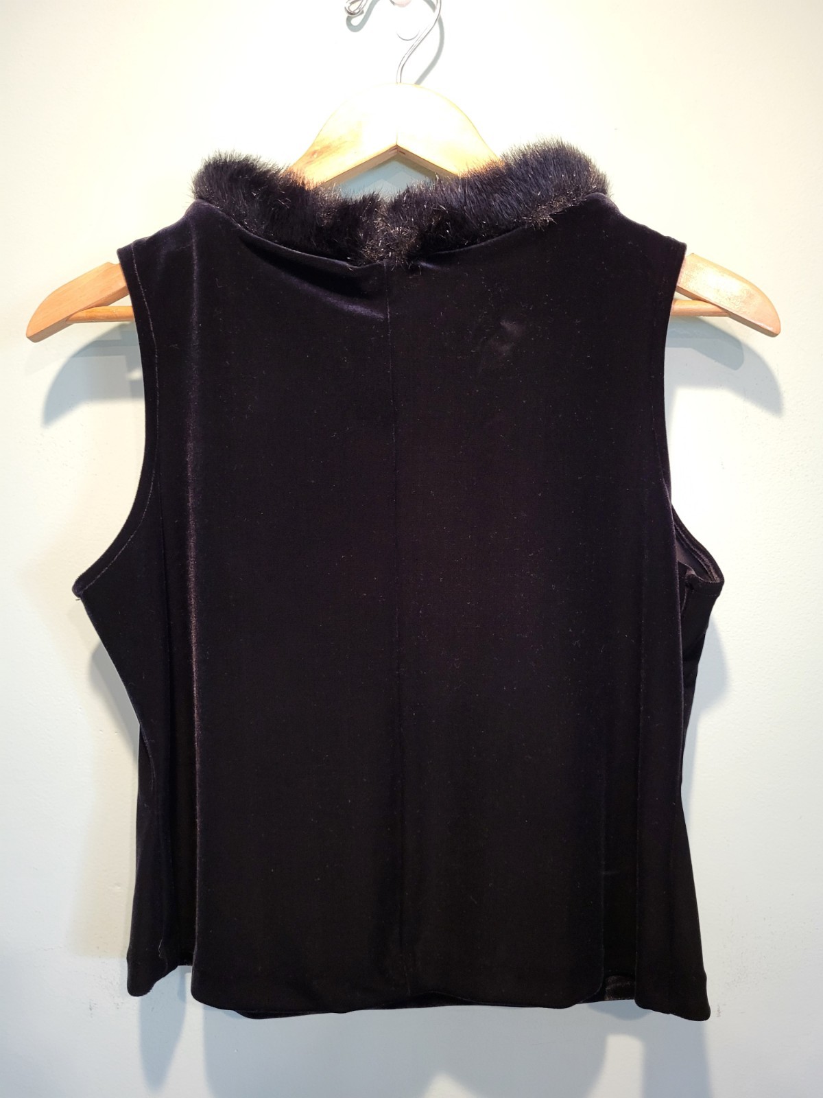 Vtg Black Stretch Velvet Faux Fur Trim Sleeveless Top Sz 14 Mobwife