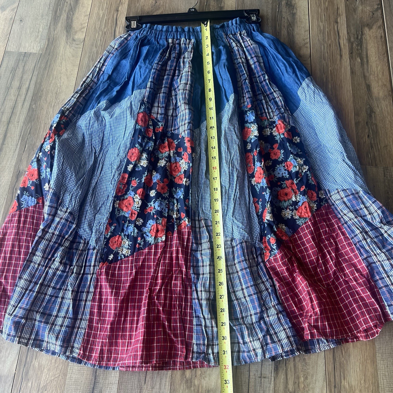 VTG DENIM Patchwork Midi Skirt Cotton Floral Boho S/M P Cottagecore 90s Peasant