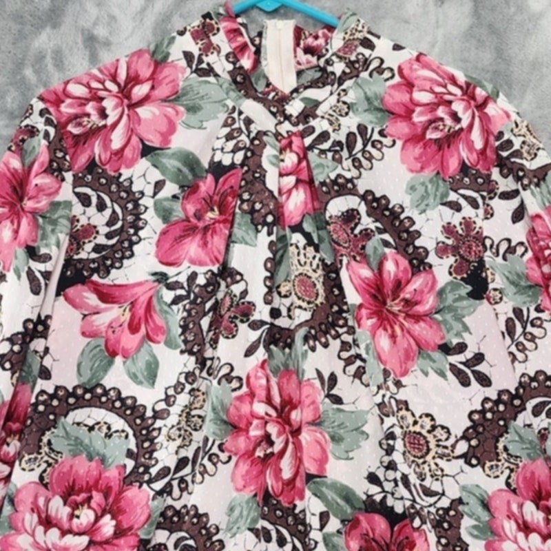 Vintage Pyke LTD Top Womens M Pink Floral High Pleated V-Neck Long Sleeve Zip