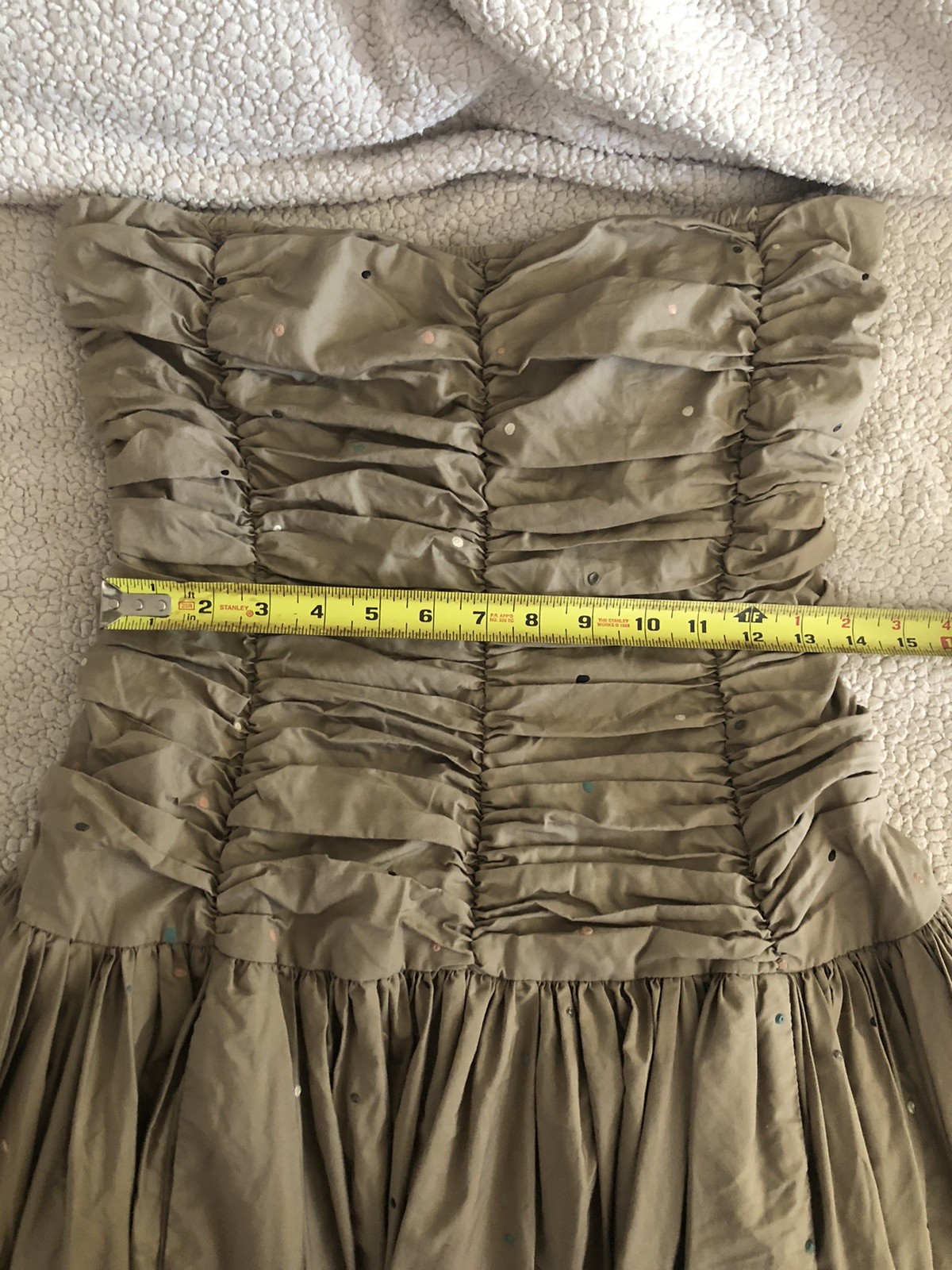 Vtg midi strapless dress sz SM ruched bodice drop waist polka dots 1980s