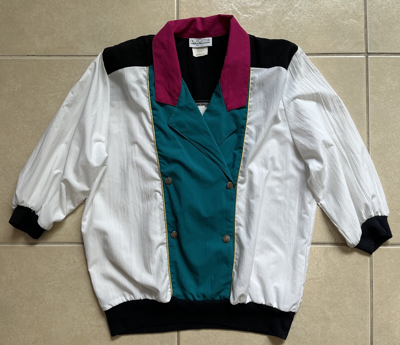 Vintage LA Attitude Women’s Top Medium Pullover White Black Green Gold Geometric