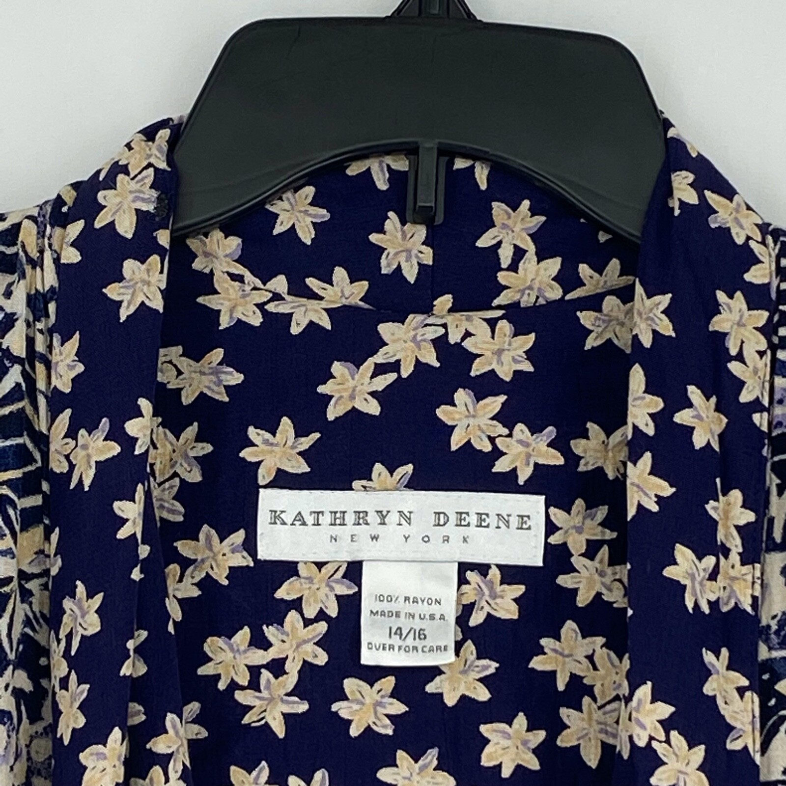 Kathryn Deene Women 14 16 Blazer Jacket Navy Beige Floral 100% Rayon USA Vintage