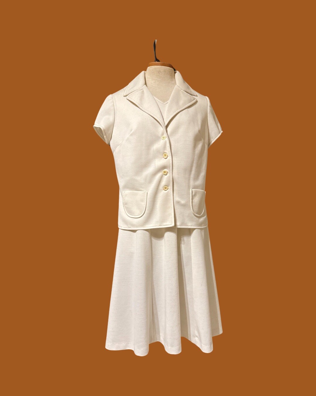 Vintage 70’s Knit Womens Dress Suit Set Brown Stitched Point Collar Haggar S/M