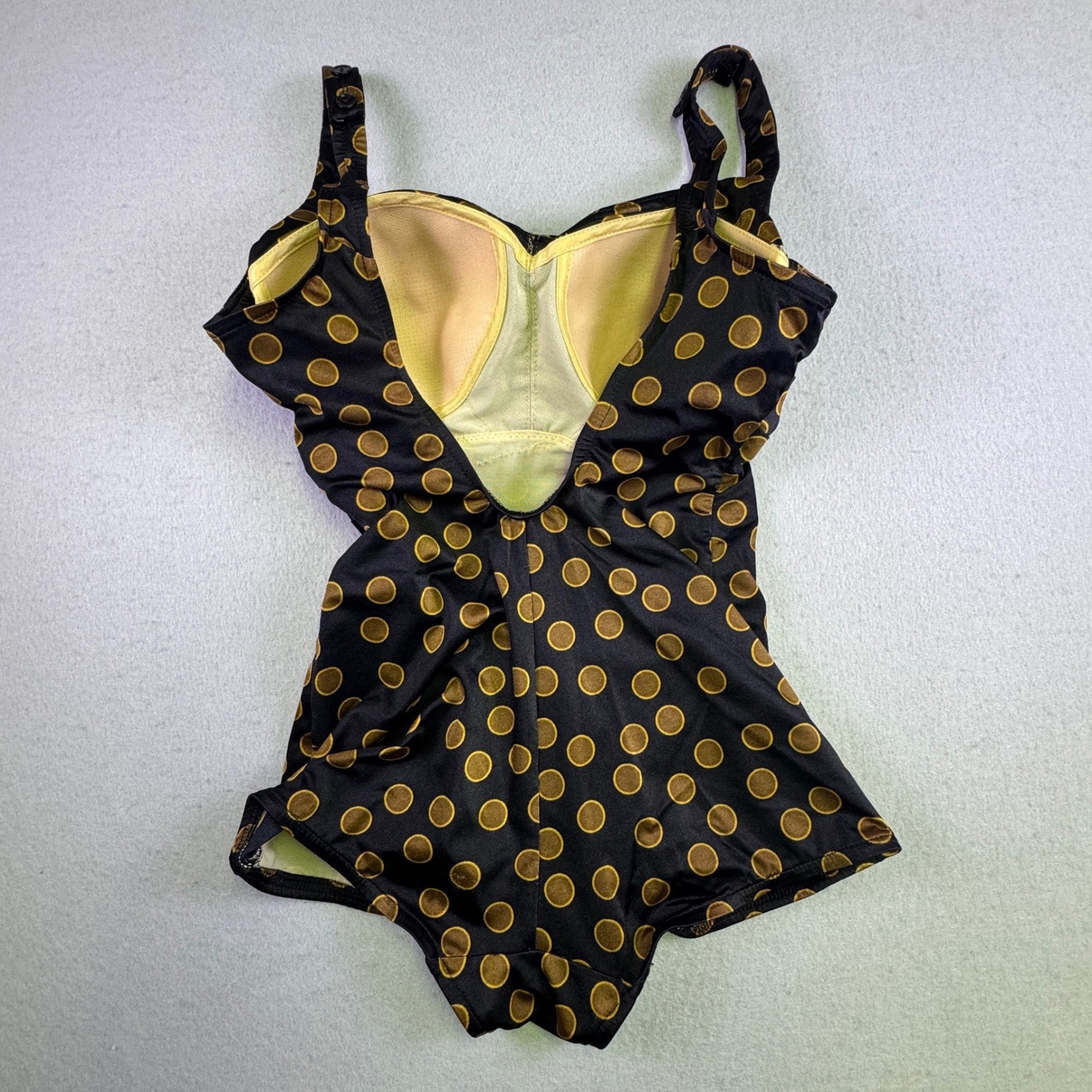 Maxine of Hollywood Vintage Swimsuit Black Gold Polka Dot Ruched One Piece USA
