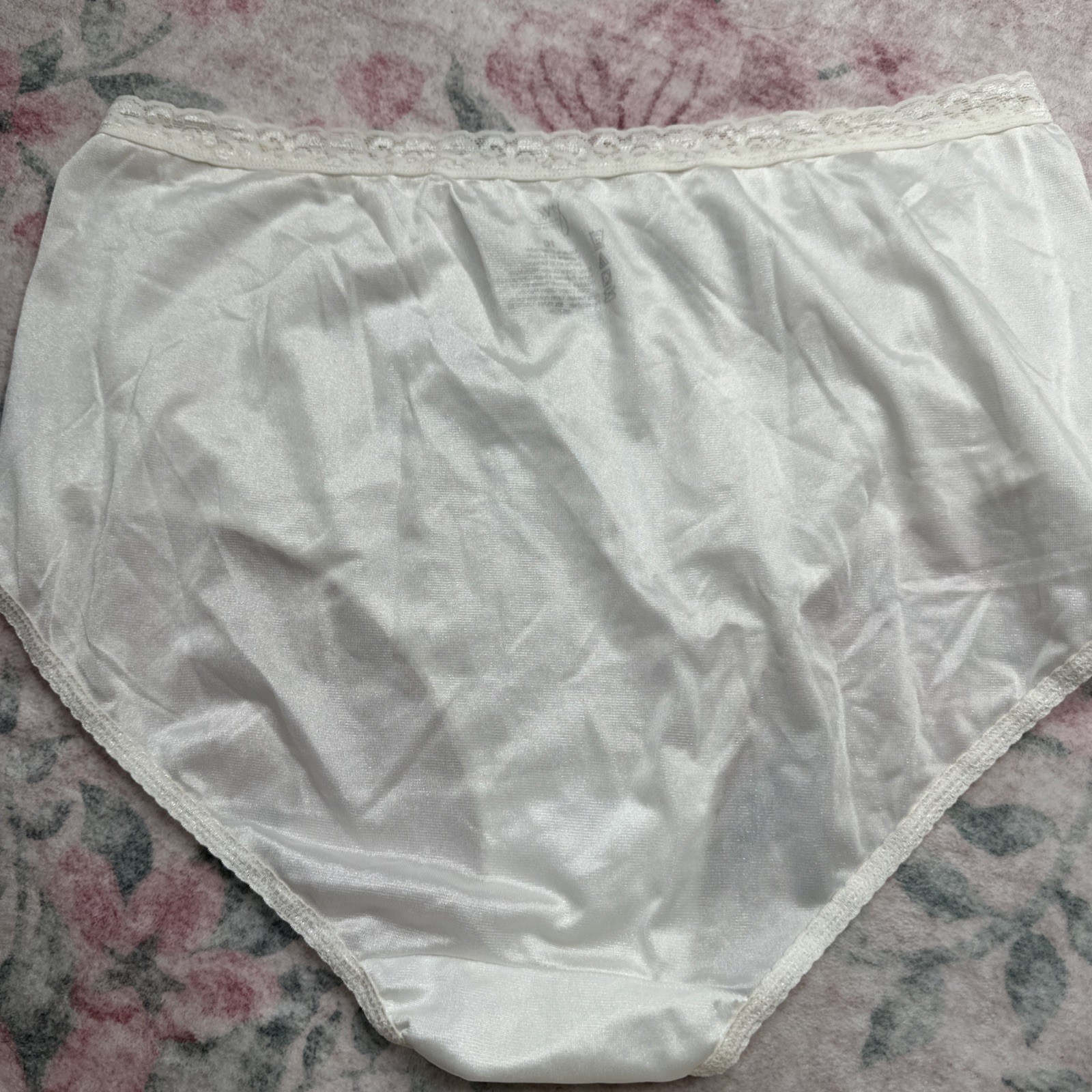 Vtg Panties Sheer Nylon Brief Granny JMS 10 3XL Ivory Off White Satin Lace Trim