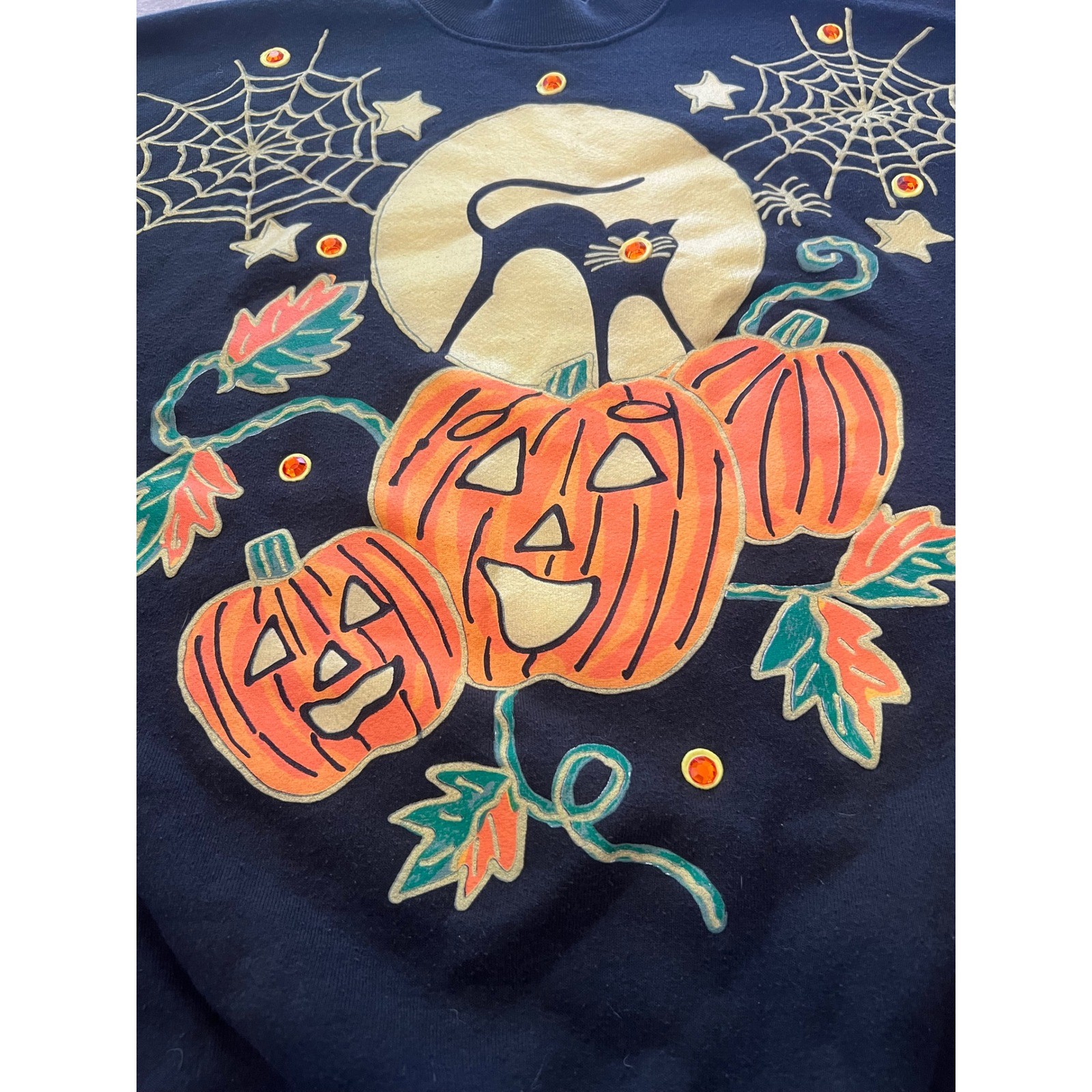 Vintage India Ink Hand Painted Women’s Halloween Crew Neck Sweater OS Black Cats
