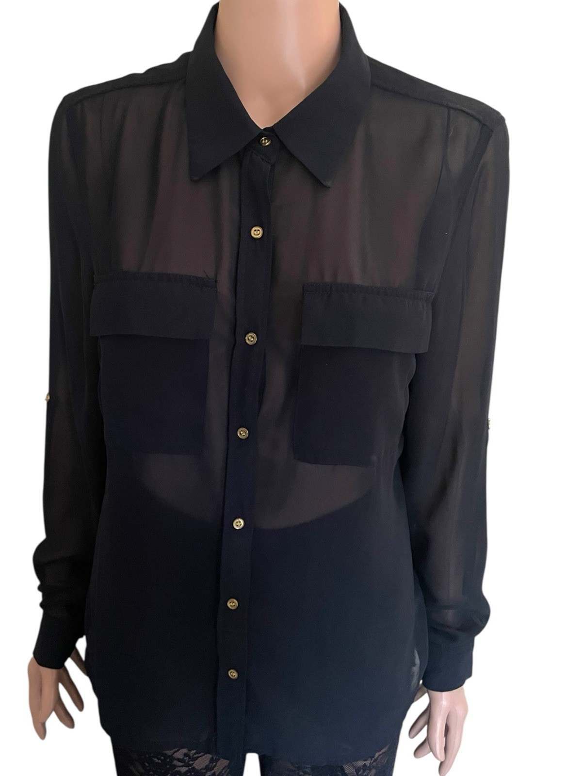 Black Sheer Chiffon Shirt LS Vintage Y2K Ted Lapidus France Designer Corp Goth L
