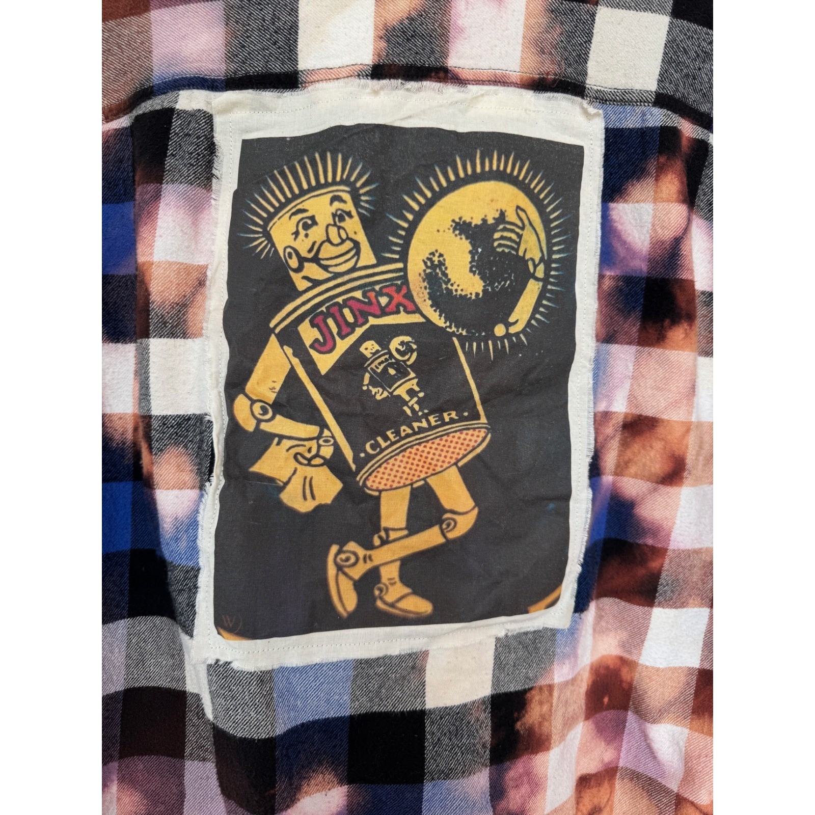 Distressed Upcycled Grunge Flannel Bleach Dye Jinx Patch Folk Art Shirt XL
