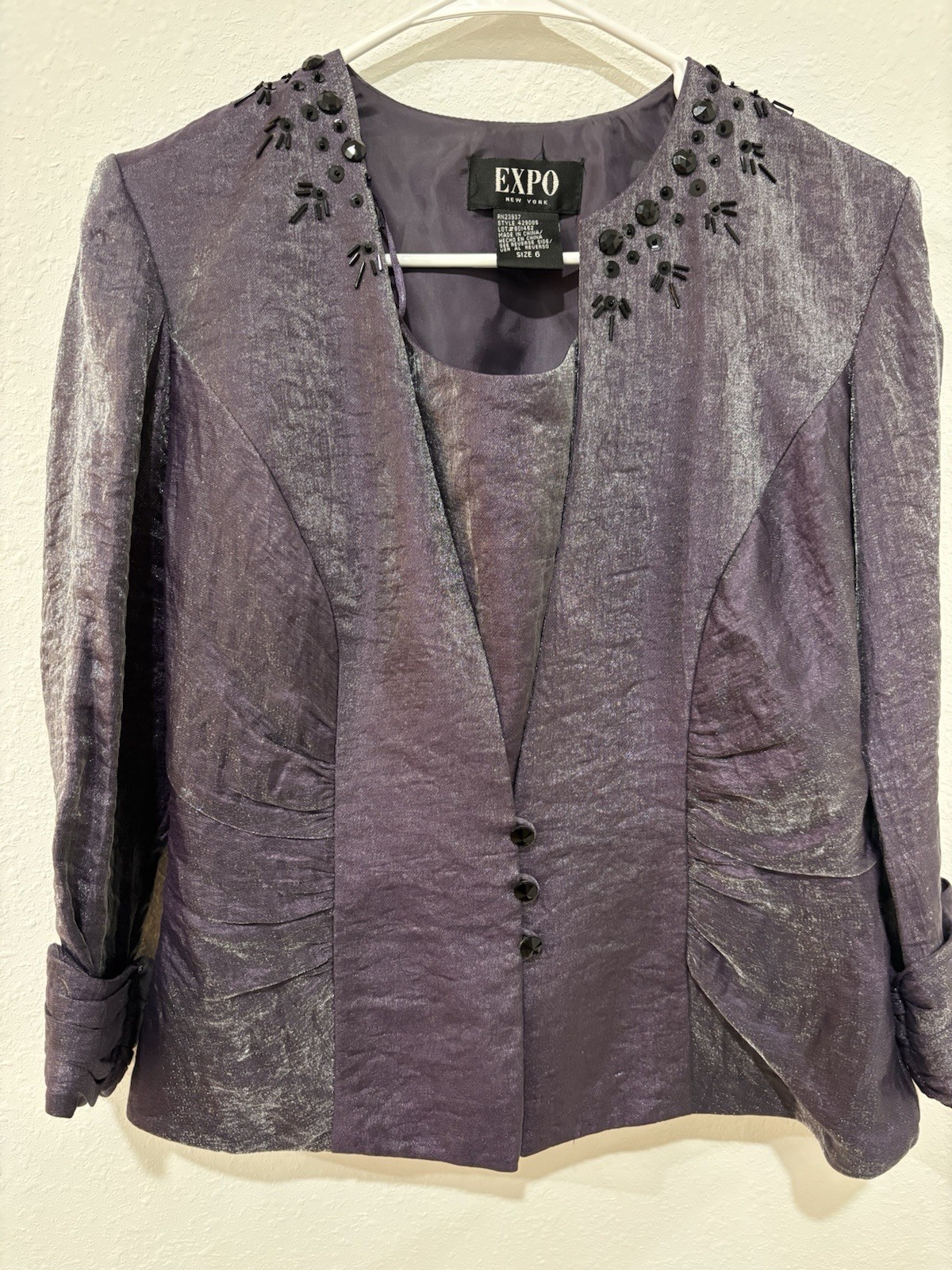 VTG 90s EXPO Purple Beaded 2pc Blazer Set S Whimsigoth Office Siren Formal