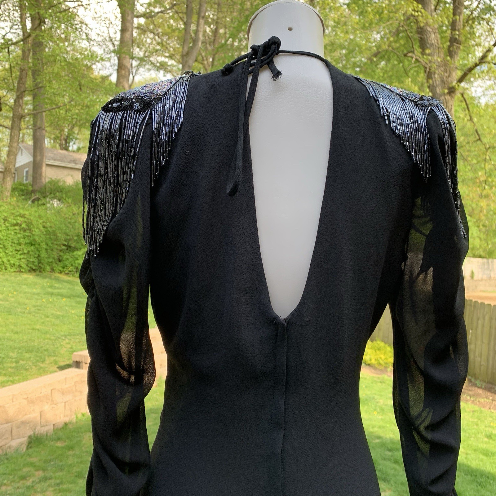 Casadei c1982 Black Long Sleeve V Neck Beaded Shoulder Dress SZ 6/8 Vintage
