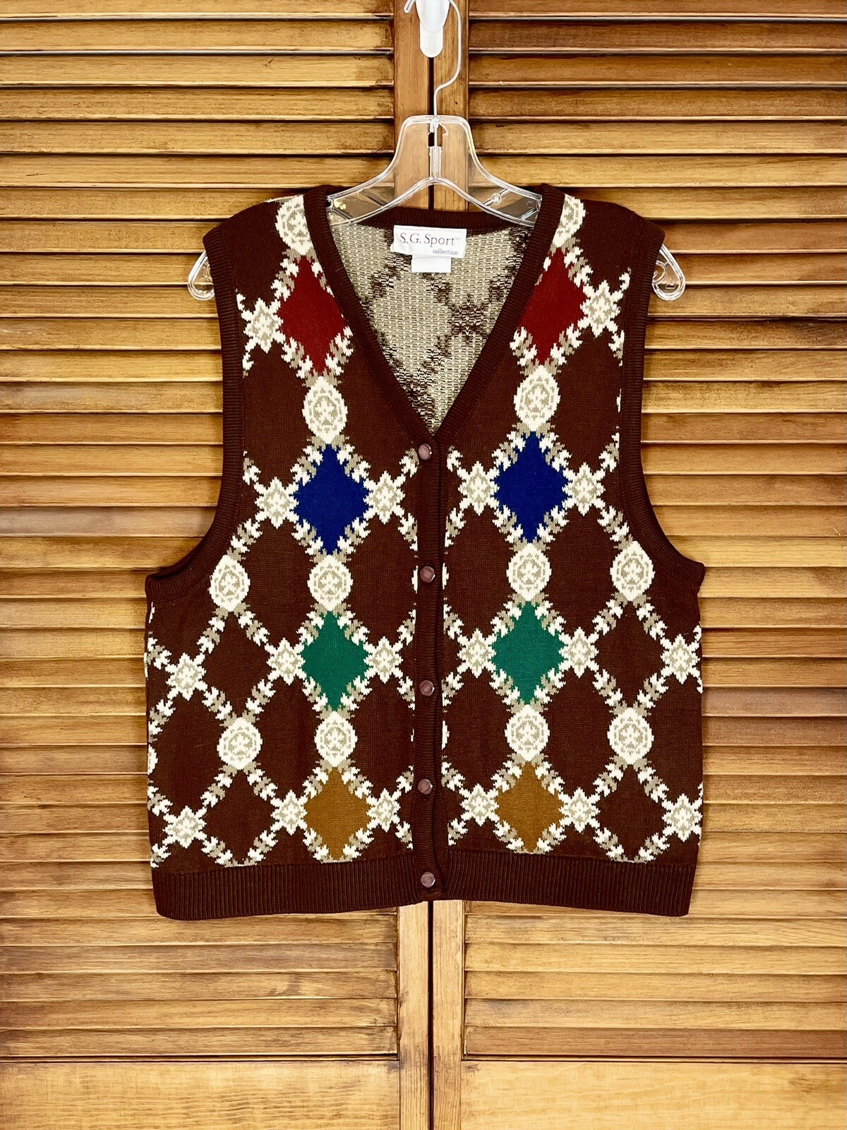 SG Sport Vintage 80s Button Up Vest Acrylic LG diamond/argyle Academia Teacher