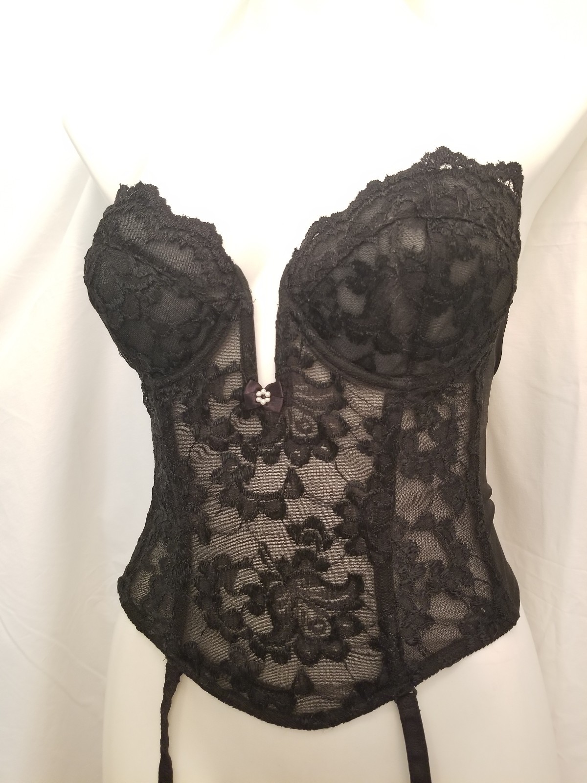 Vintage Frederick’s Of Hollywood Black Lace Wired Corsette Bustier Long Line 36B