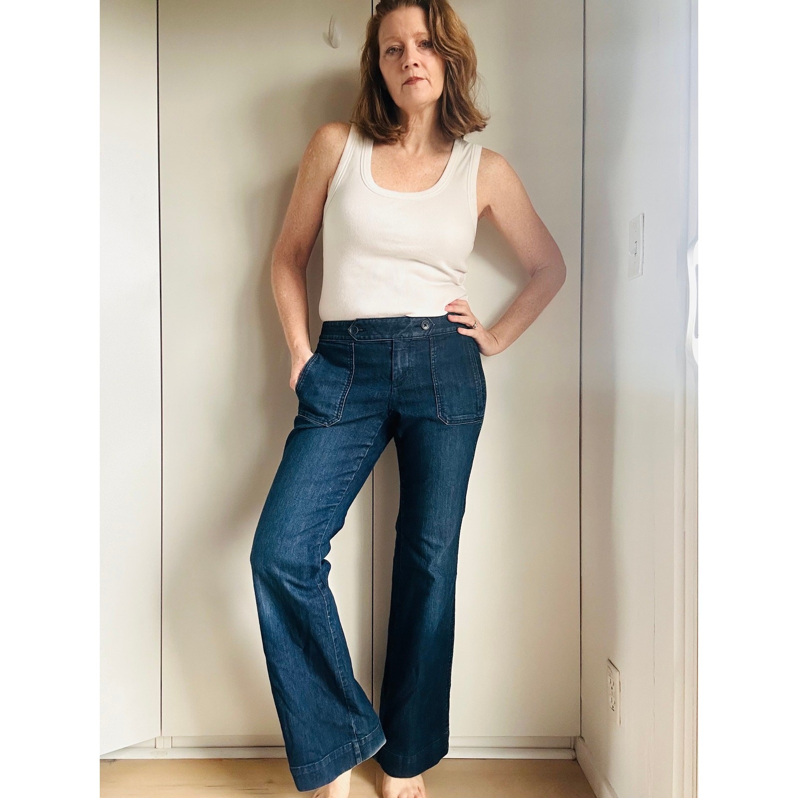 Y2K Denim Jeans Dark Wash Flared Sailor Style Pockets Size Waist 32 Low Rise Fit