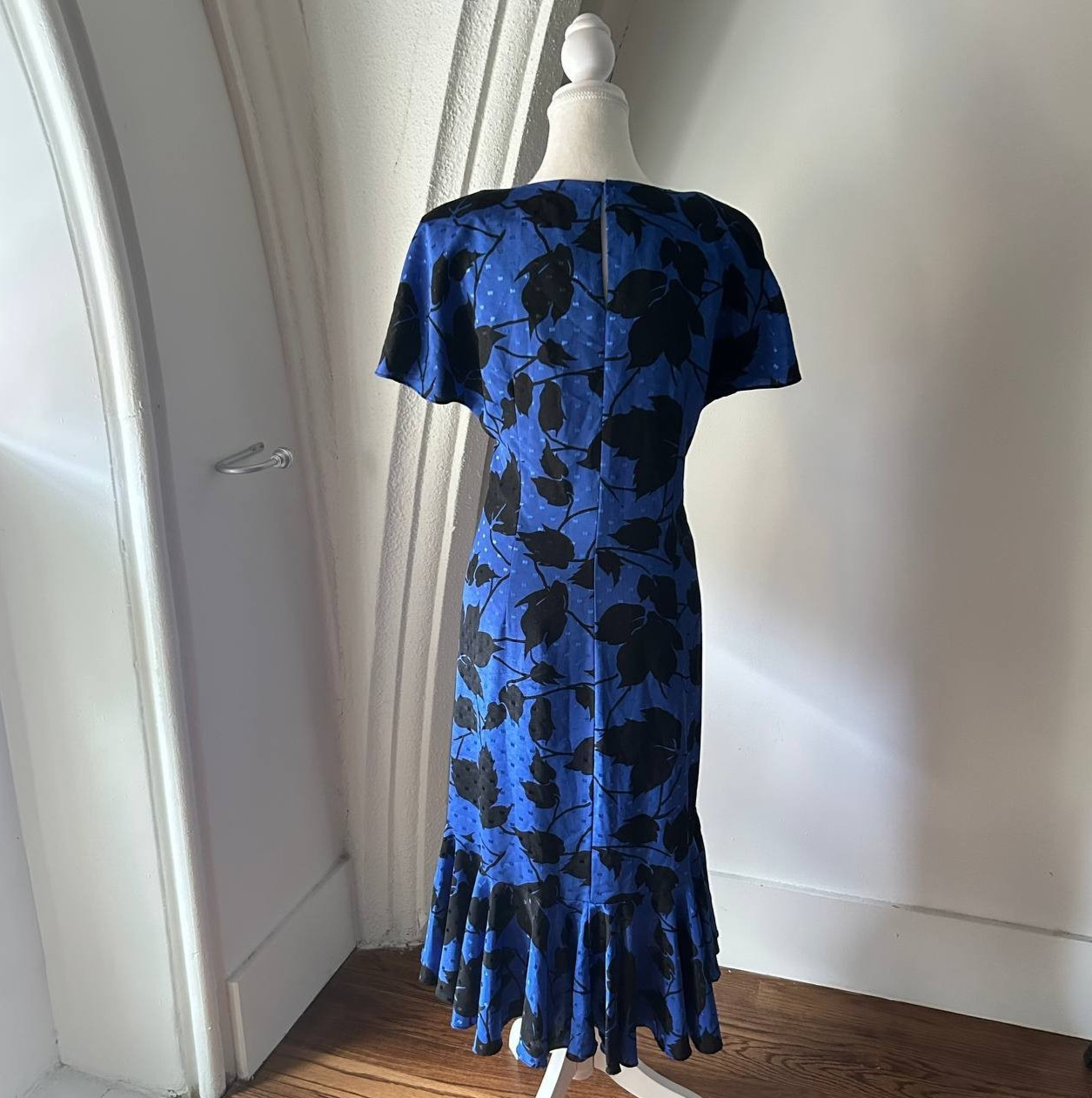 New Raves Vintage 80s Black Blue Maxi Dress Sz S Padded Shoulders