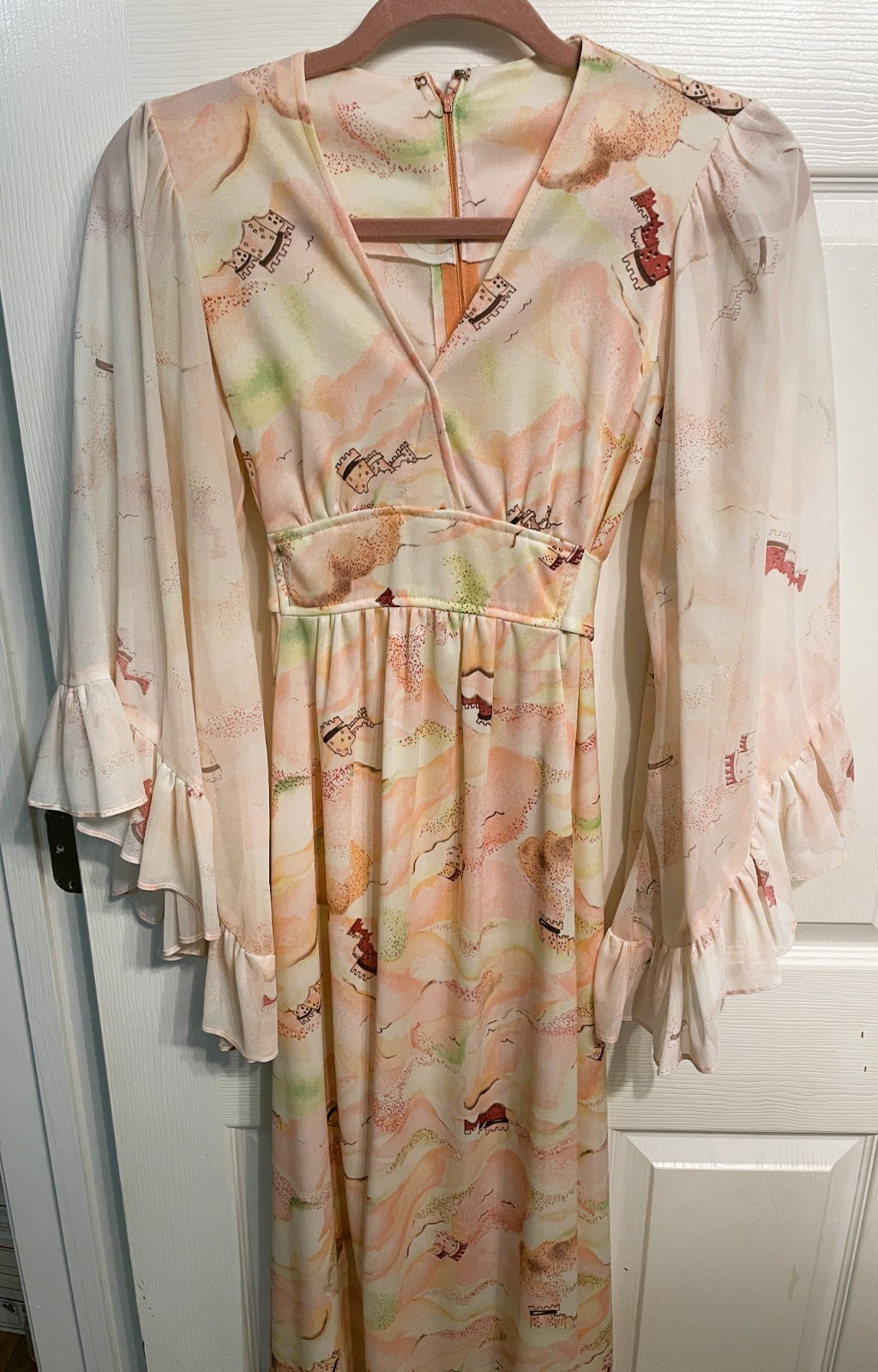 Vtg Sears Fashion 70s Hippie Maxi Dress Flowy Butterfly Wing Sleeve Polyester 12