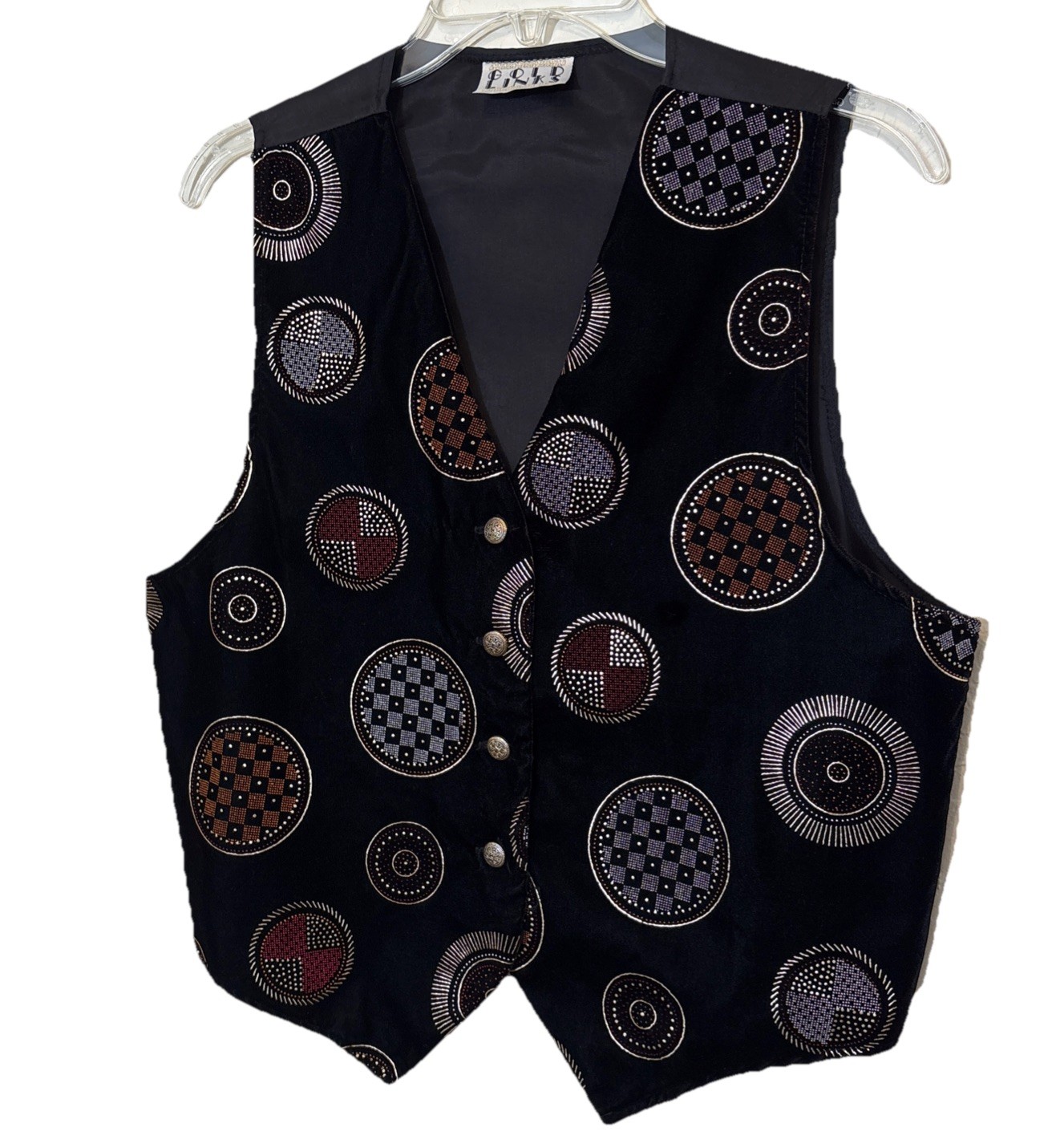 VTG Gold Links Velvet Vest SzL Black Gold Metallic Circle Eclectic Art Deco