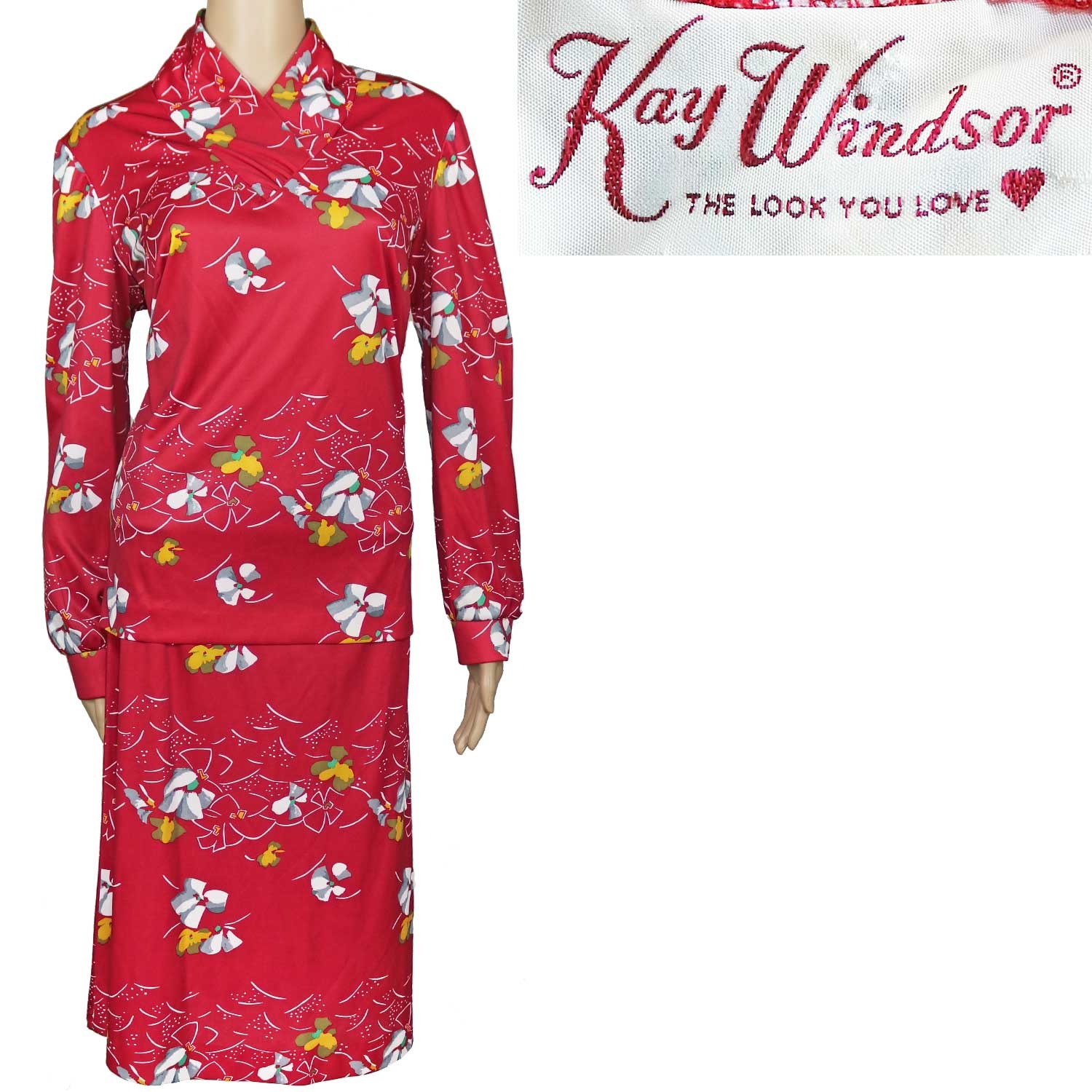 70s Vintage Dress / Skirt Top Set Red Asian Boho Floral Print Kay Windsor 14/16