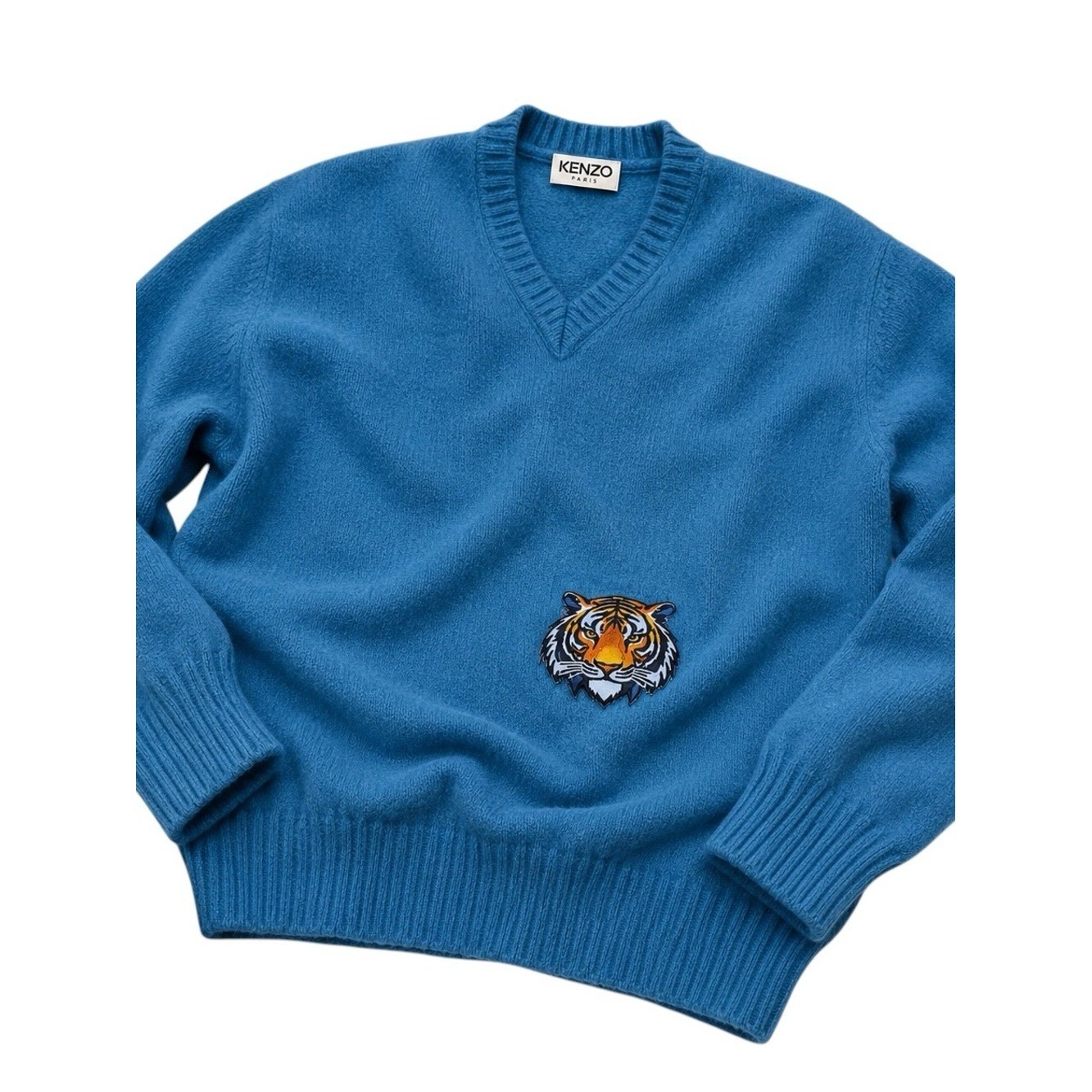 Valentino Jeans Vintage Virgin Wool V Neck Sweater Blue Tiger Patch Women’s XL