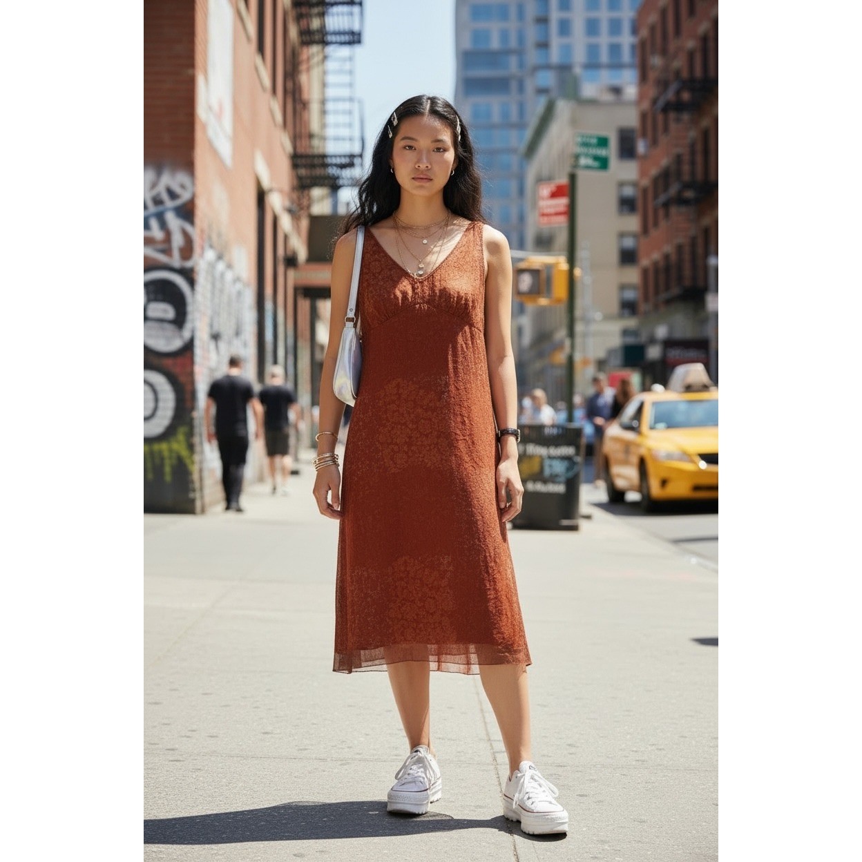 La Belle Midi Dress 13 Burnt Orange Floral Damask Mesh Overlay V-Neck 90s Y2K