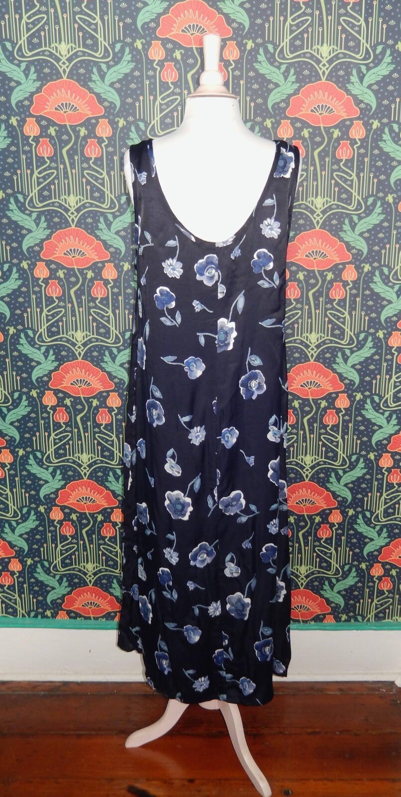 Vintage 90’s Y2K Navy Blue Floral Grunge Satin Maxi Sleeveless Dress