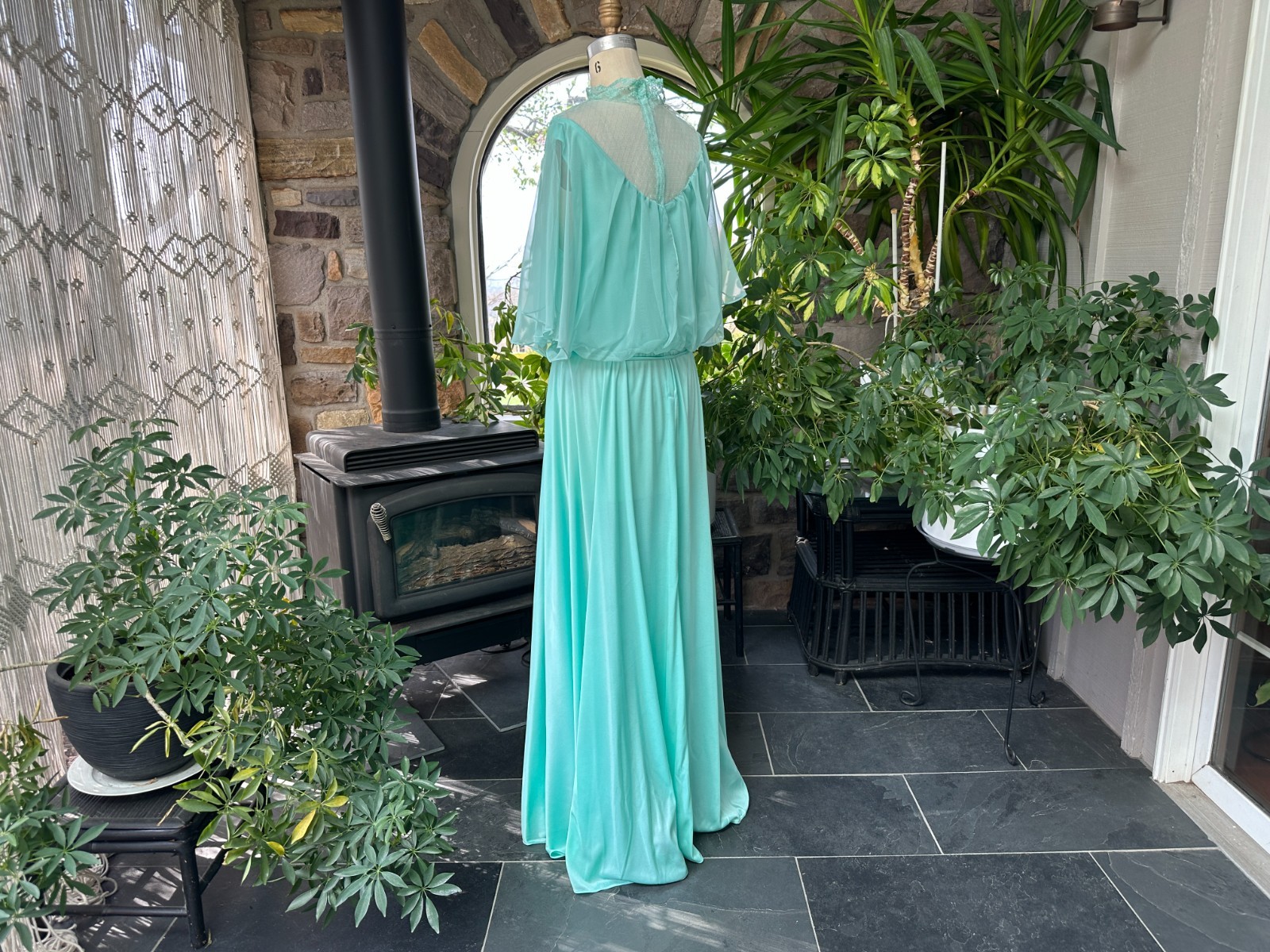 Vintage 1970s Light Green Knit and Chiffon Lace Maxi Dress