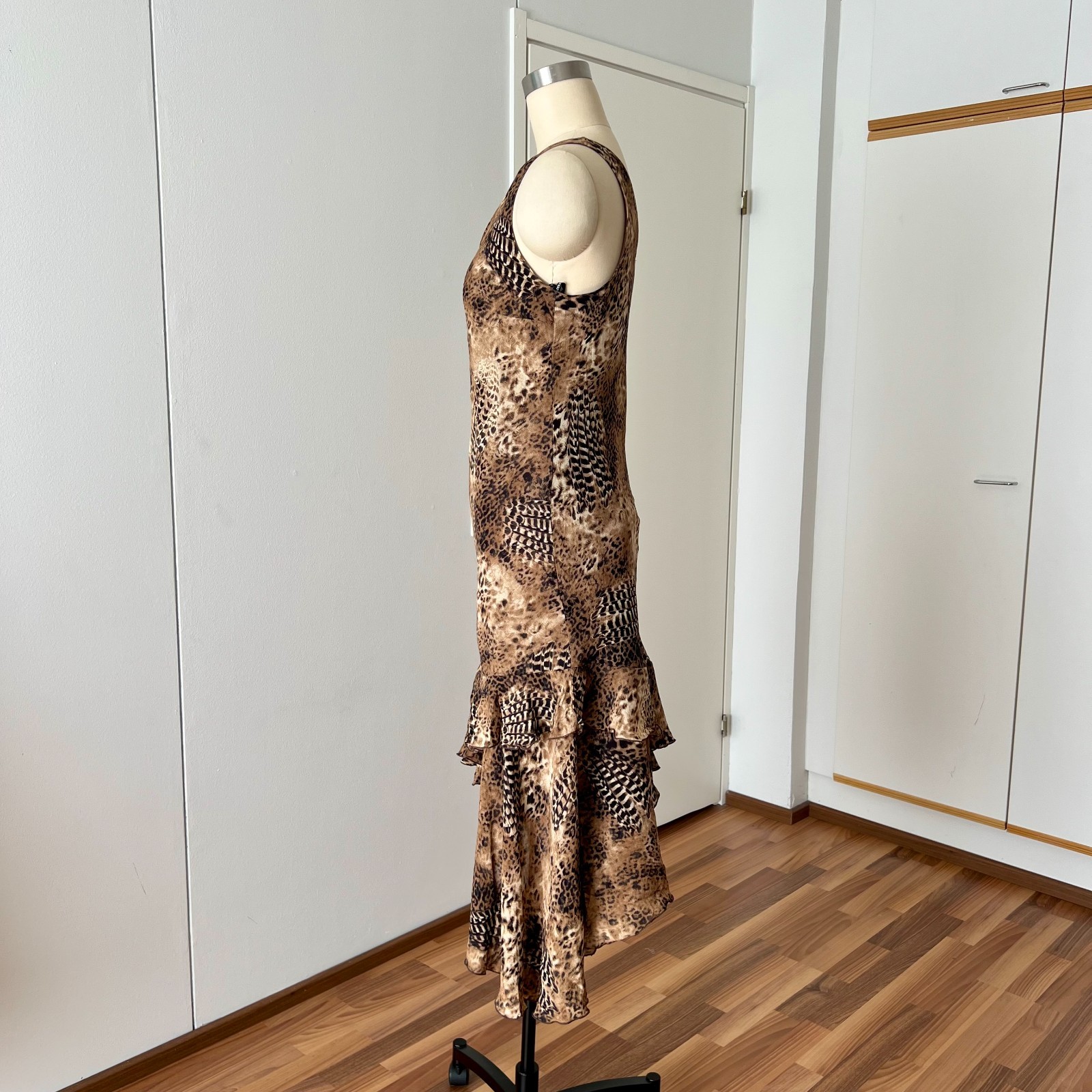 90s Leopard Print Midi Slip Dress Asymmetrical Hem Fairycore Bias Cut Slinky 44