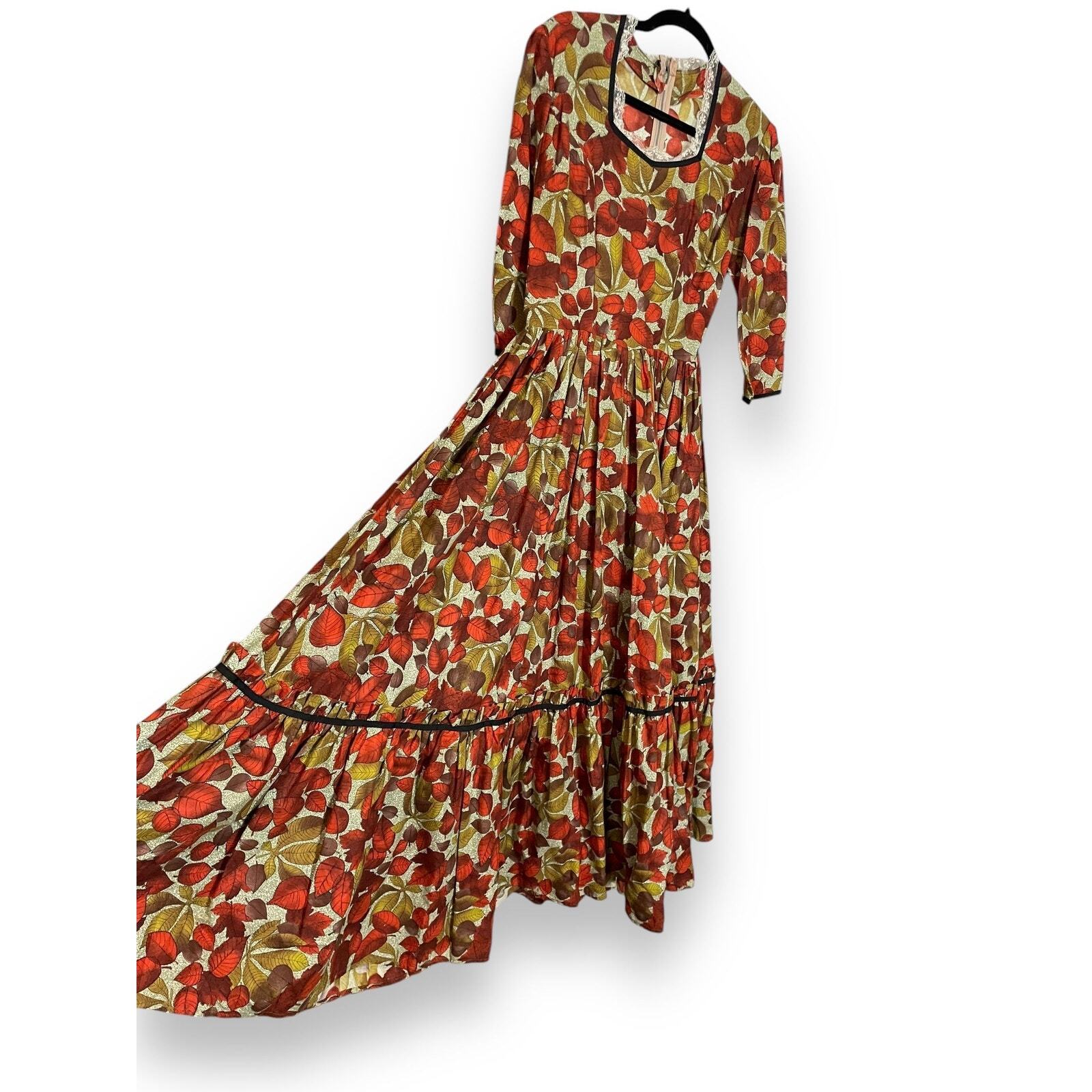 Vintage 60s 70s Handmade Fall Leaves Cotton Full Sweep Dress Prairie Cottagecore