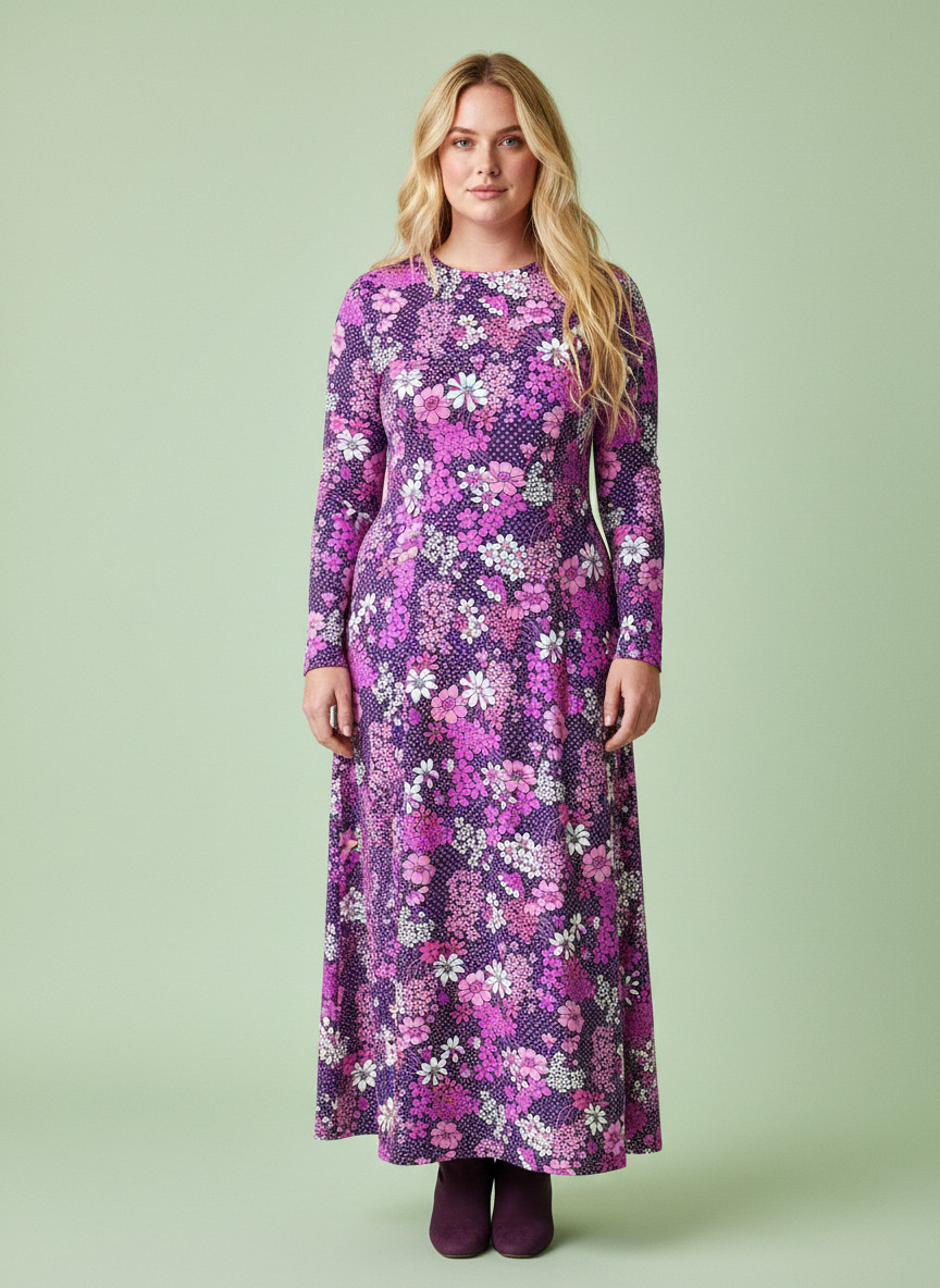 Vintage 60s Unworn size L Long Maxi Dress Pink Floral Fit and Flare