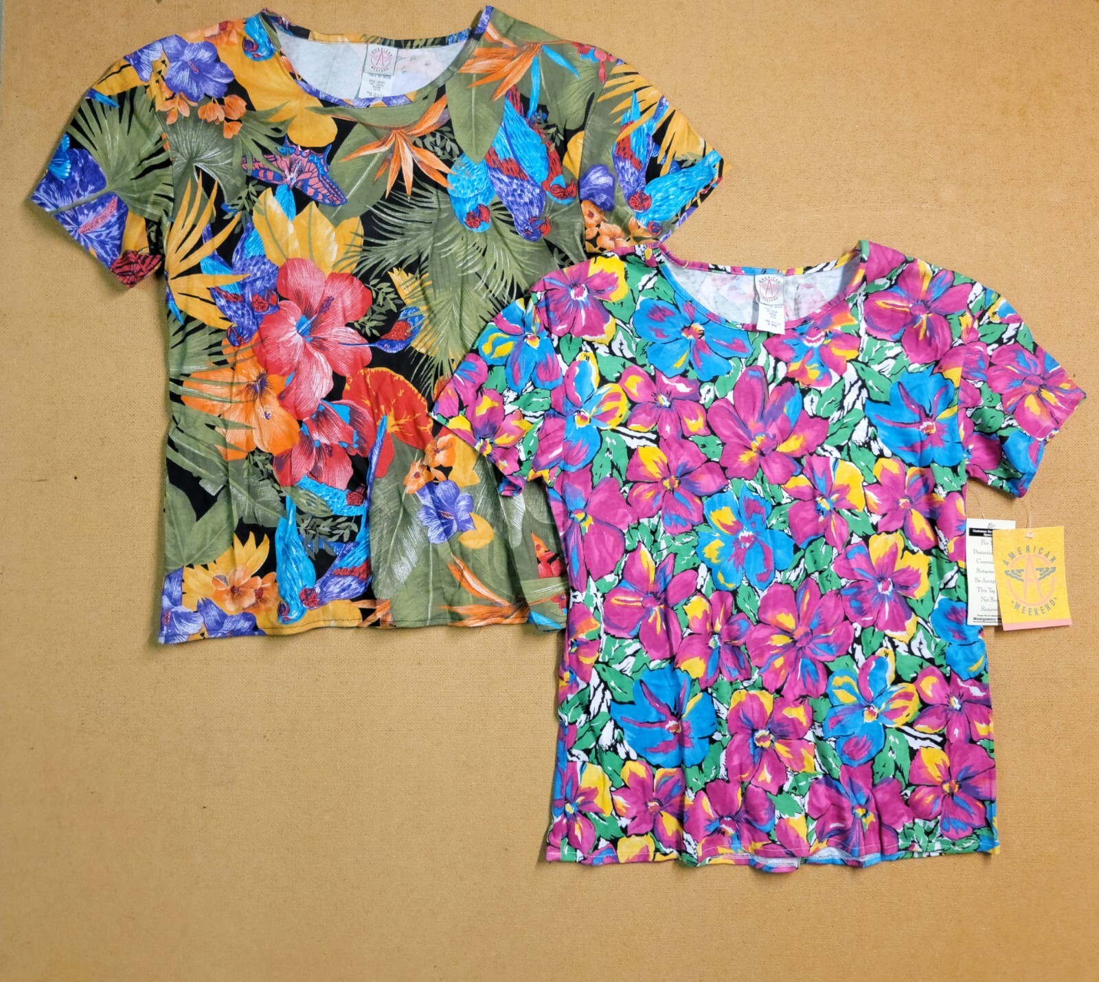 Lot 2 Vintage American Weekend Abstract Blouse Colorful 80s Art Made in USA Sz M