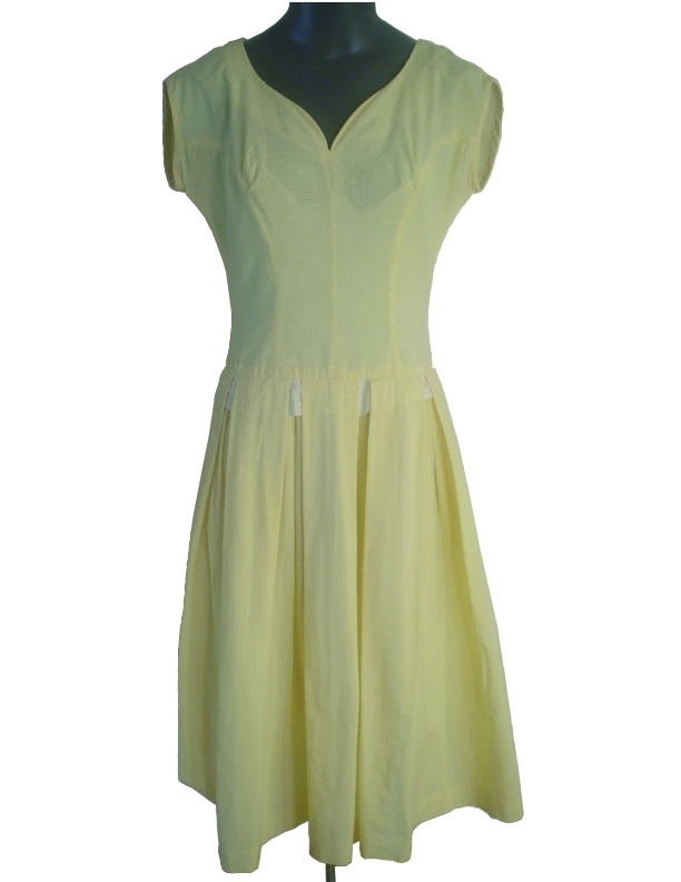 50s Bust 38 Yellow Cotton Bouffant Dress Sleeve Cap Vtg Retro Rockabilly